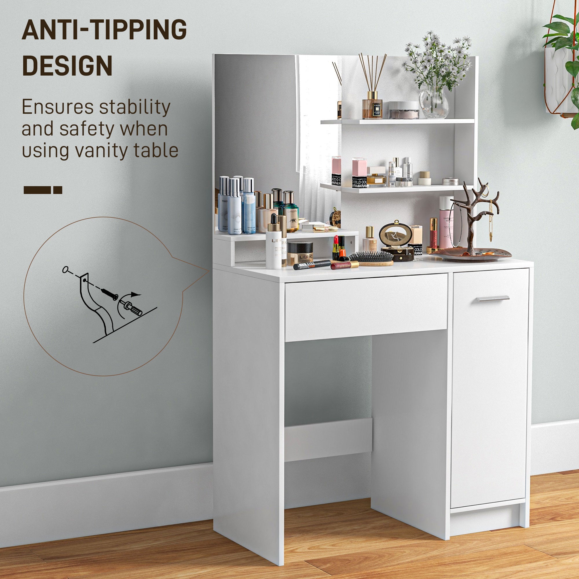 HOMCOM Dressing Table with Mirror and Stool, Vanity Table, Modern Makeup Desk with Drawer, Storage Cabinet and Adjustable Shelf for Bedroom, White - North Peak Garden Furniture