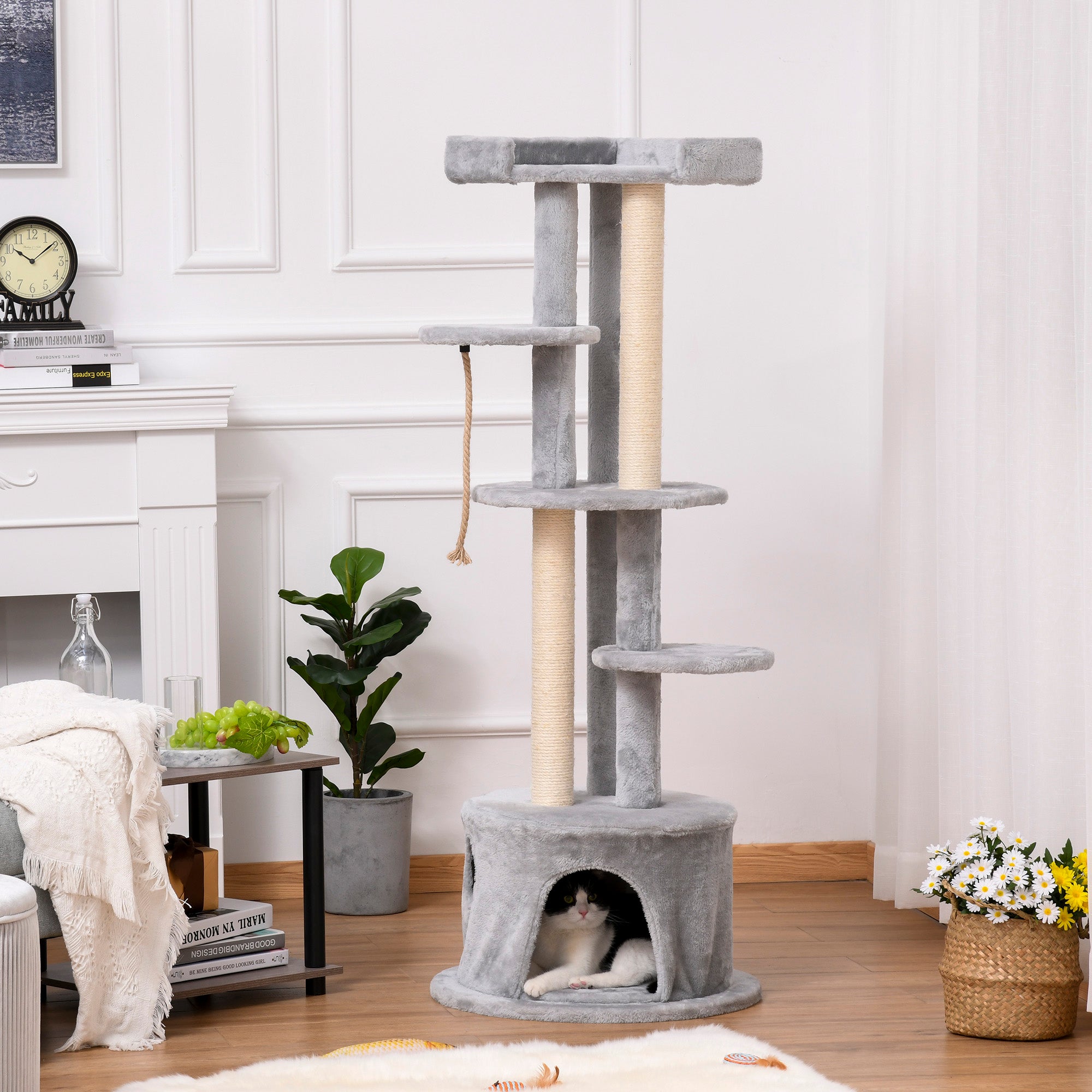 PawHut Cat Tree Multi-Level, Kitten Tower Activity Centre with Scratching Post, Condo, Hanging Ropes & Plush Perches, Grey