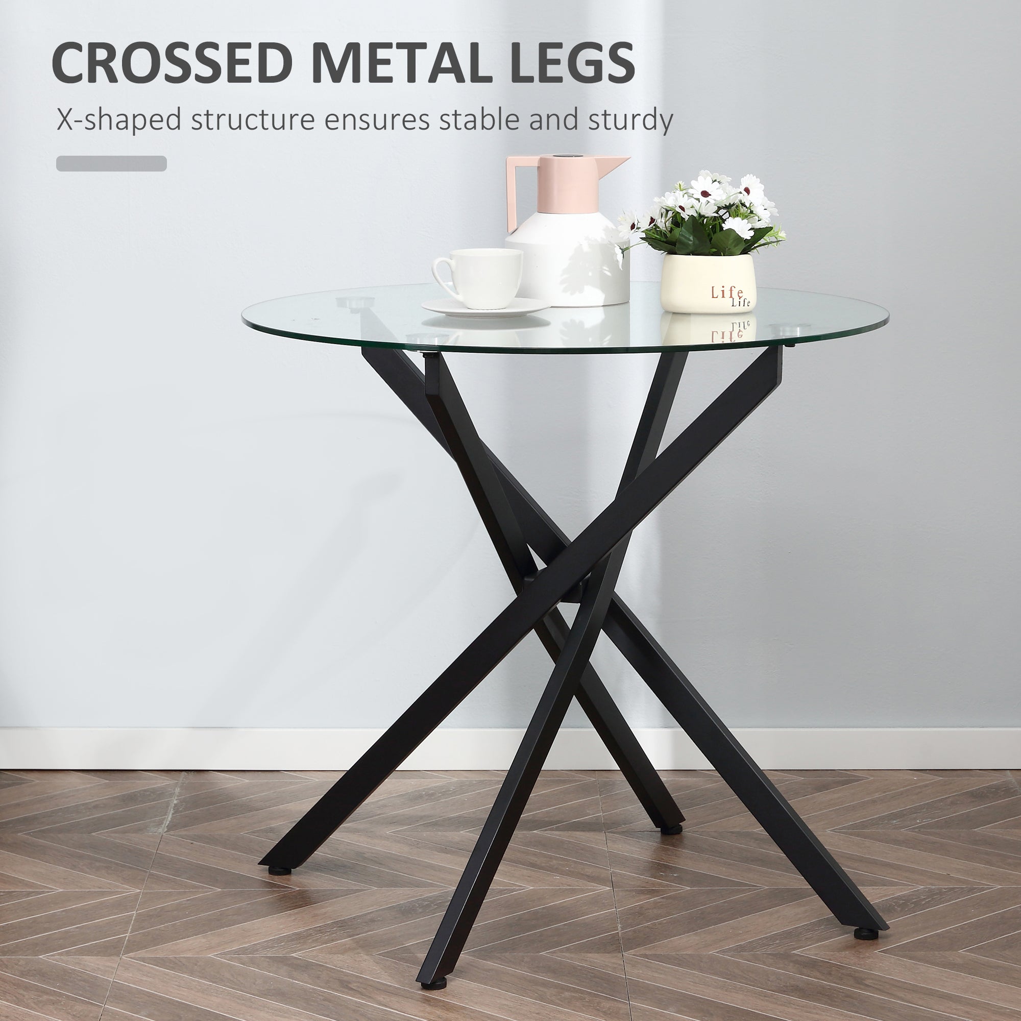 HOMCOM Dining Table with Clear Tempered Glass Top, Round Table with Metal Legs, Modern Kitchen Table for Dining Room Living Room, Black - North Peak Garden Furniture