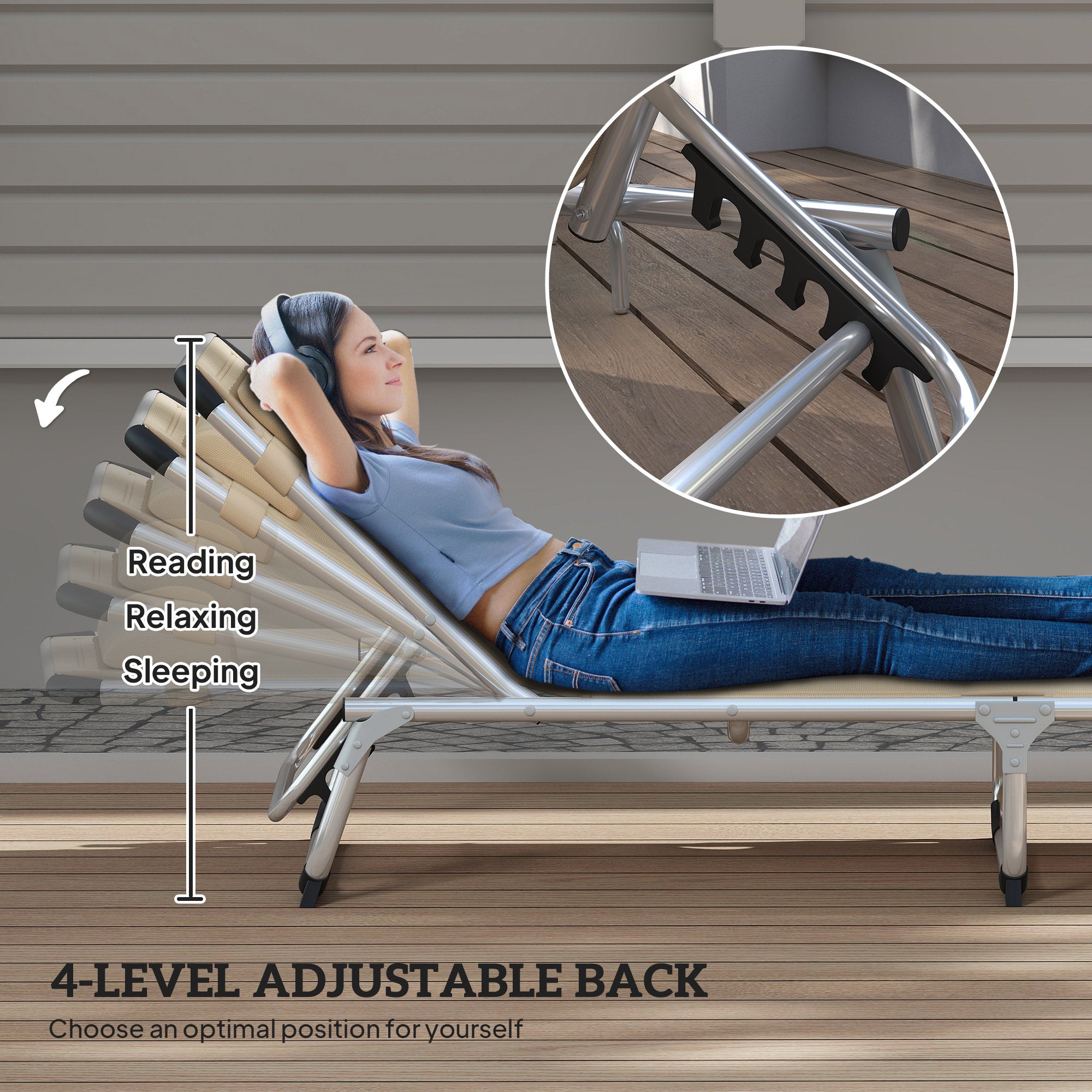 Outsunny Foldable Outdoor Sun Lounger, Reclining Lounge Chair Camping Bed Cot with Pillow 4-Level Adjustable Back Aluminium Frame, Khaki - North Peak Garden Furniture