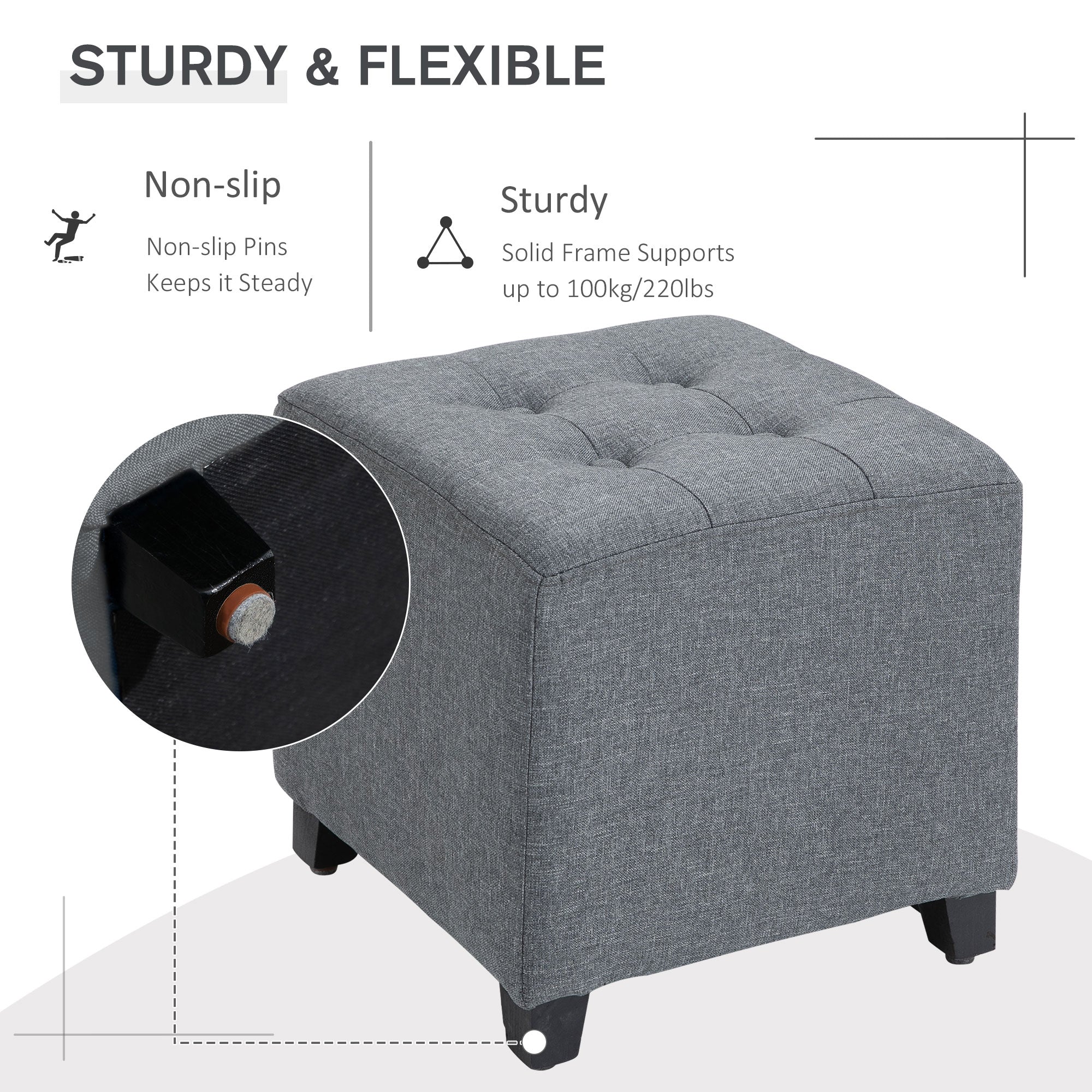 HOMCOM Linen-Look Square Ottoman Footstool w/ Button Tufts Wood Frame Padding Fabric Upholstered Stylish Home Furniture Footrest Side Table Grey - North Peak Garden Furniture