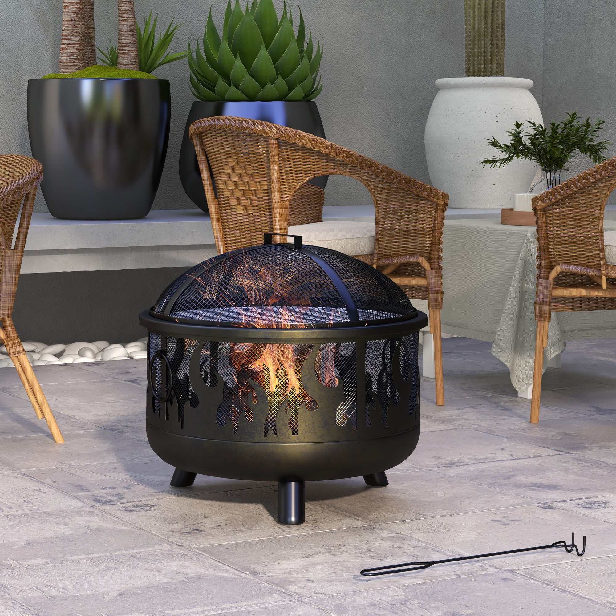 Outsunny Steel Fire Pit BBQ, with Poker - Black - North Peak Garden Furniture