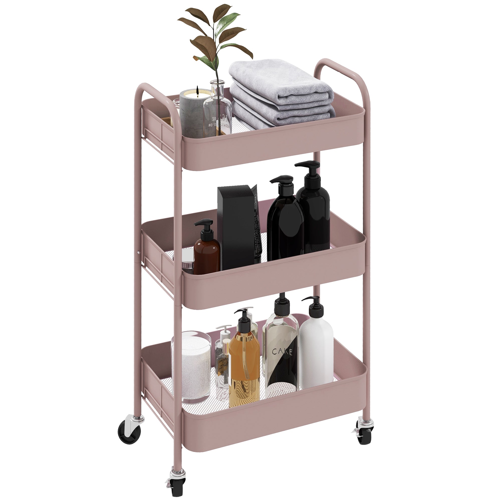 HOMCOM Three-Tier Steel Storage Trolley - Pink