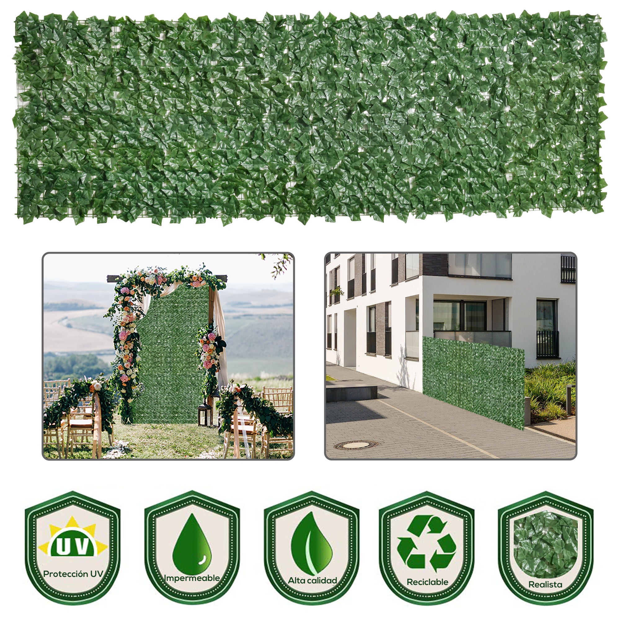 Outsunny Artificial Hedge Screen: Leafy Design for Garden Outdoor Indoor Décor, 3M x 1M, Deep Green