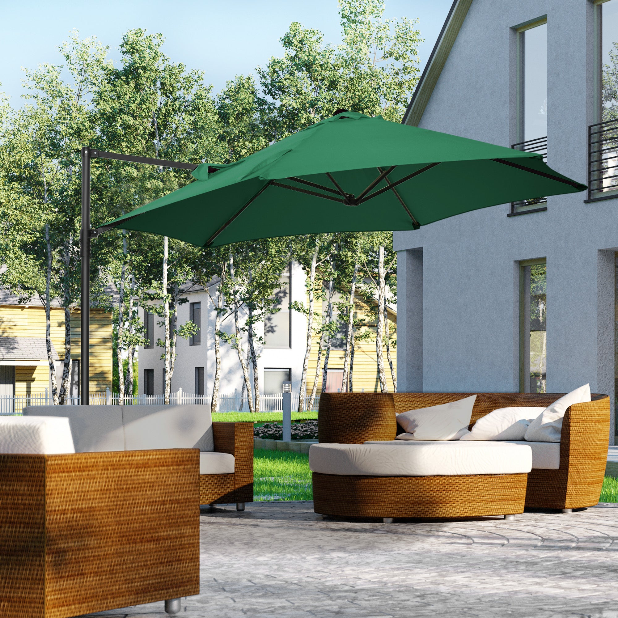 Outsunny 2.5M Garden Cantilever Parasol with 360° Rotation, Offset Roma Patio Umbrella Hanging Sun Shade Canopy Shelter with Cross Base, Green - North Peak Garden Furniture