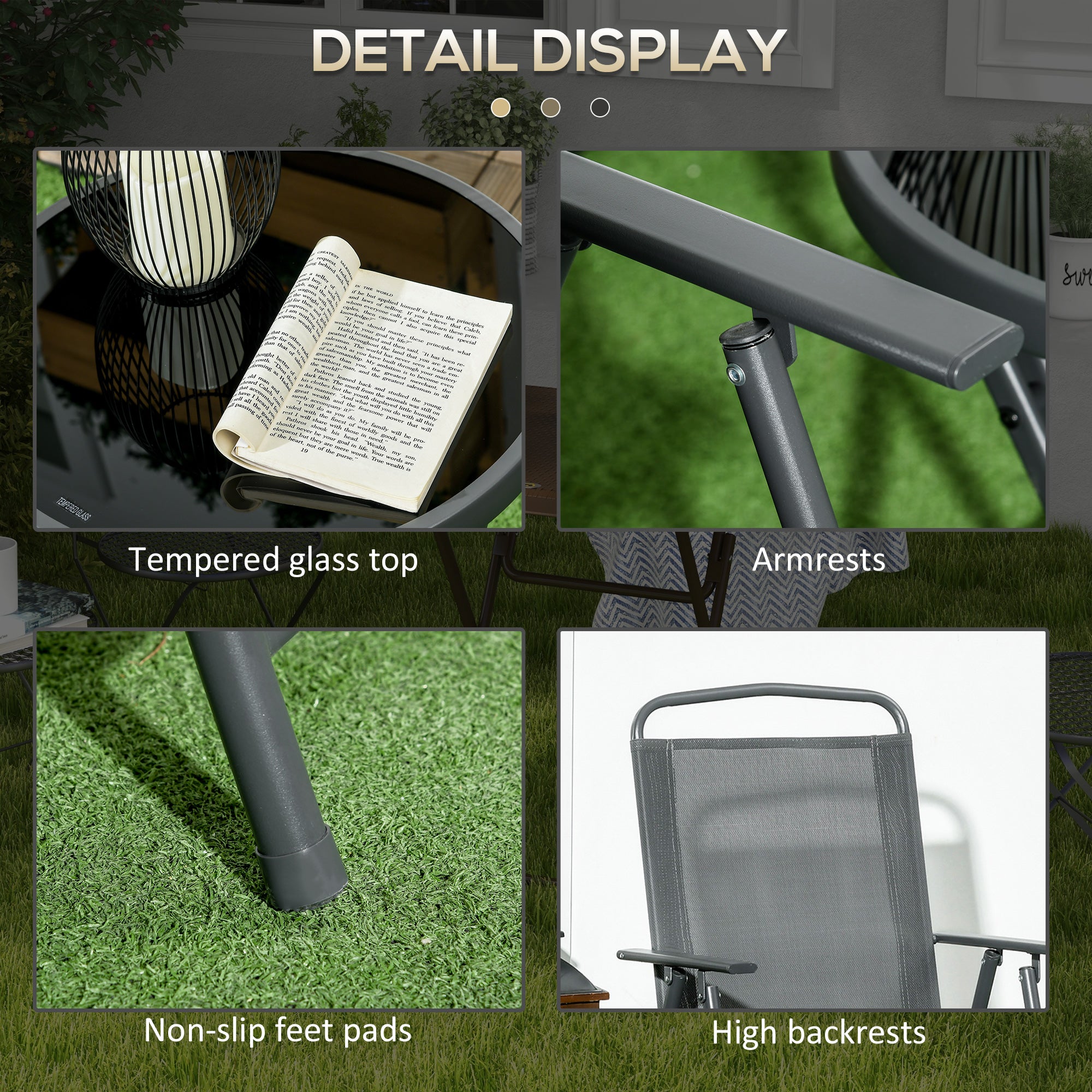 Outsunny Three-Piece Garden Seat Set, with Glass-Top Table - Dark Grey - North Peak Garden Furniture
