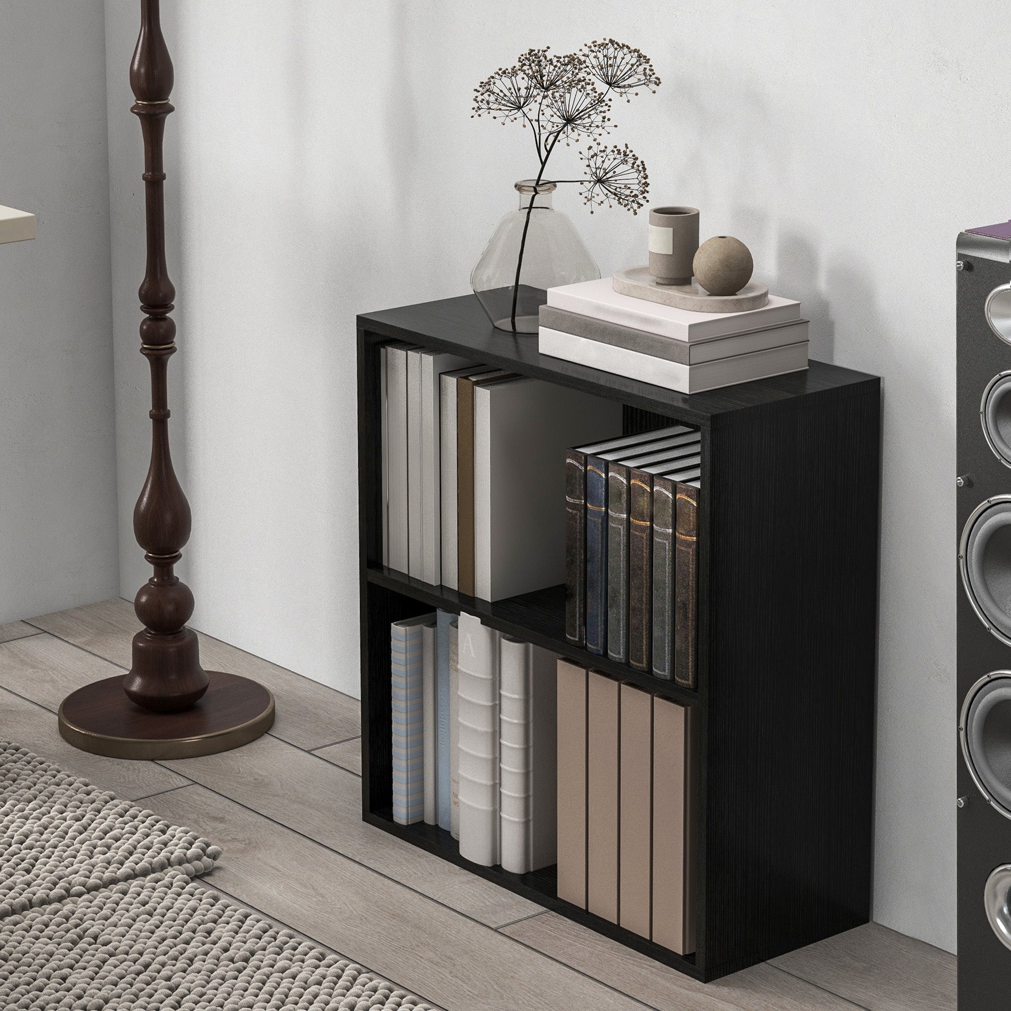 HOMCOM 2 Tier Bookshelf, Low Bookcase with Adjustable Shelf, 2 Compartments for Home Office, Living Room, Study, Black - North Peak Garden Furniture