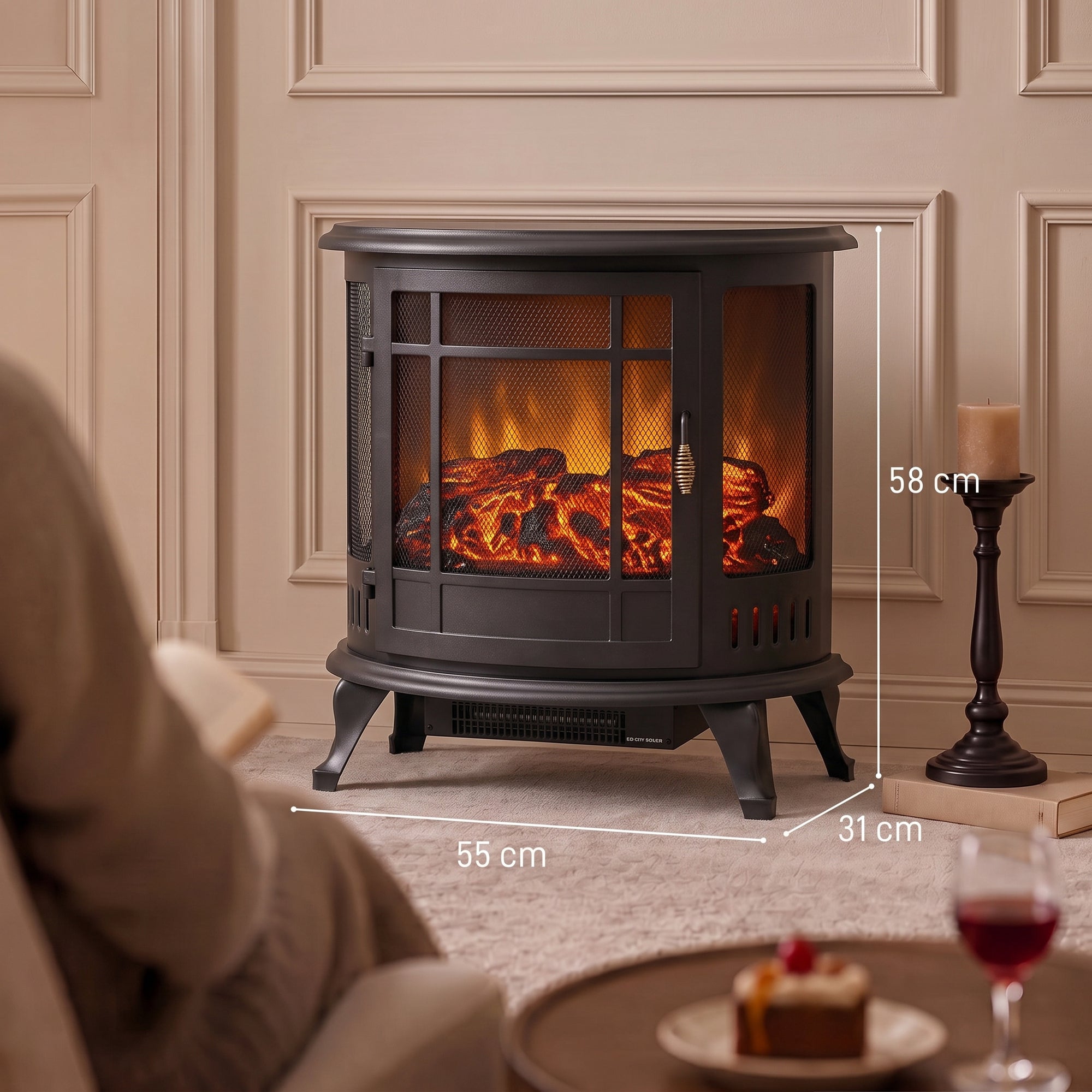 HOMCOM Electric Fireplace Stove, Freestanding Electric Fire Heater with Realistic LED Flame, 2000W, Black
