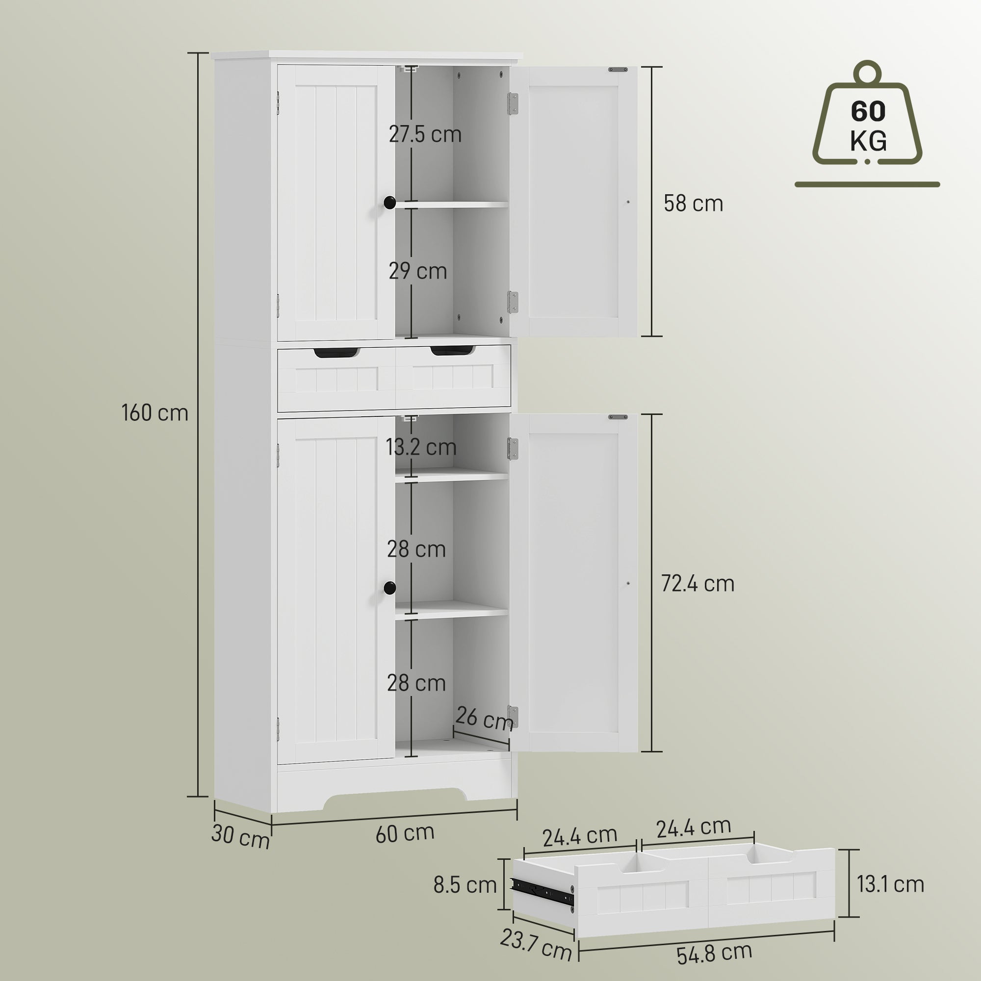 HOMCOM Tall Bathroom Cabinet, Freestanding Storage Cupboard, Bathroom Storage Cabinet with Drawer, Adjustable Shelf and Doors, 60 x 30 x 160 cm, White - North Peak Garden Furniture