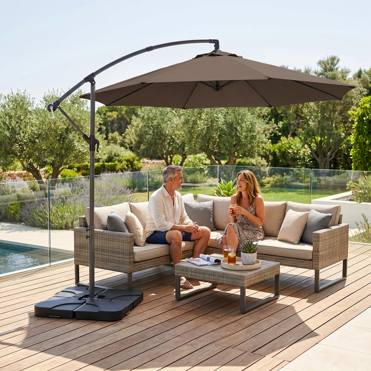 Outsunny 3m Overhanging Parasol, with Base, Weights and Cover - Coffee