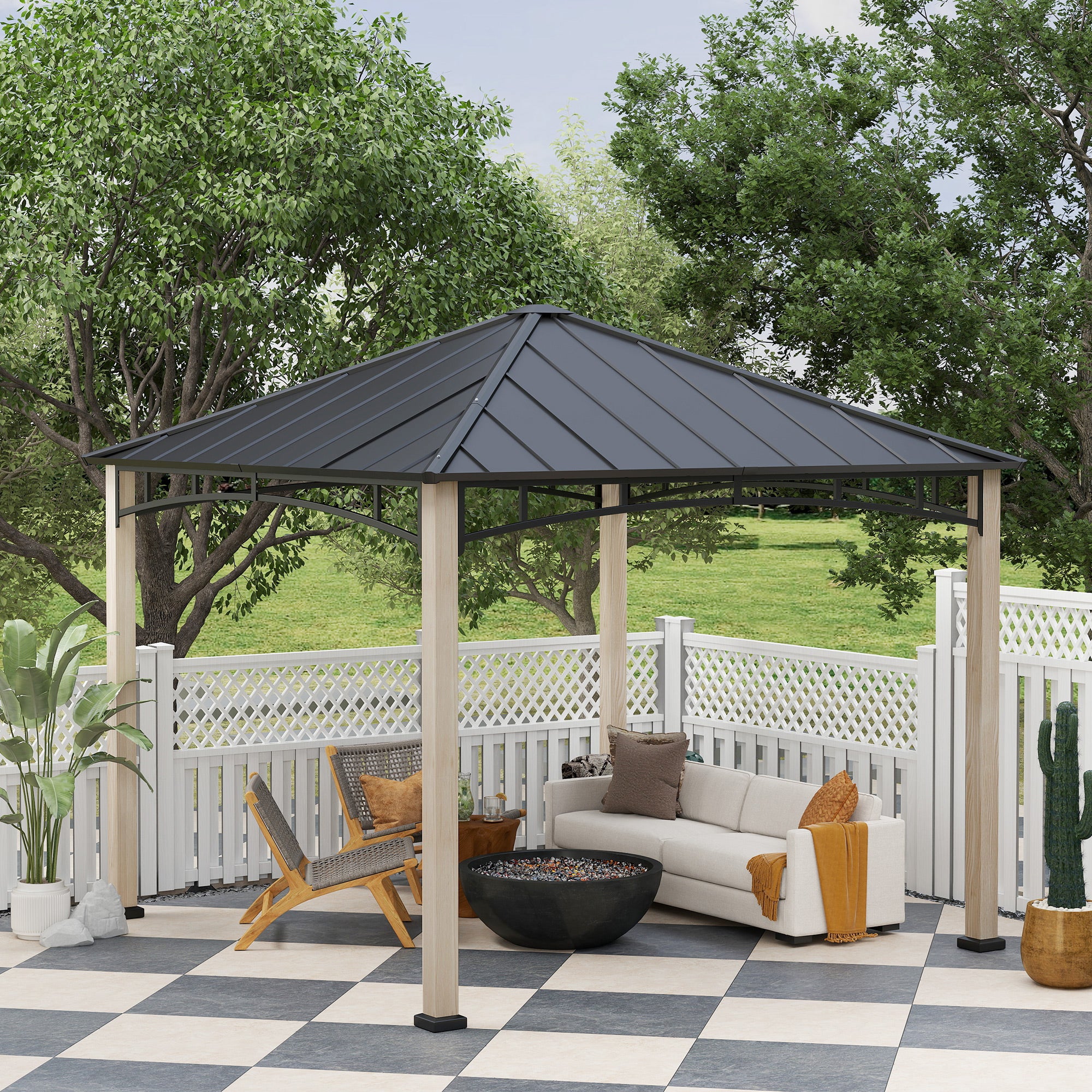 Outsunny 3 x 3 m Decorative Metal Gazebo - Black/Wood-Effect - North Peak Garden Furniture
