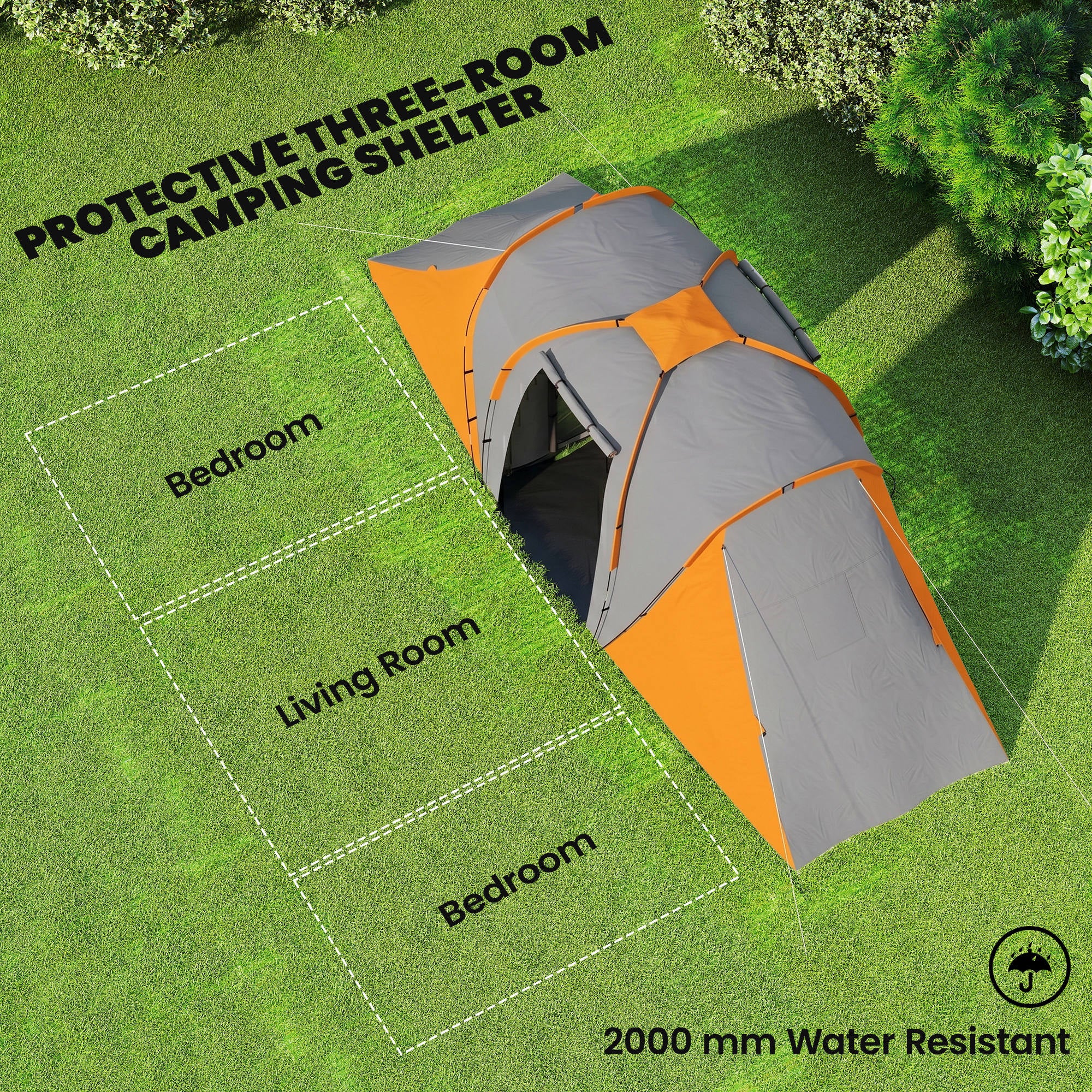Outsunny Large Camping Tent Tunnel Tent with 2 Bedroom and Living Area, 2000mm Waterproof, Portable with Bag for 4-6 Man, Orange