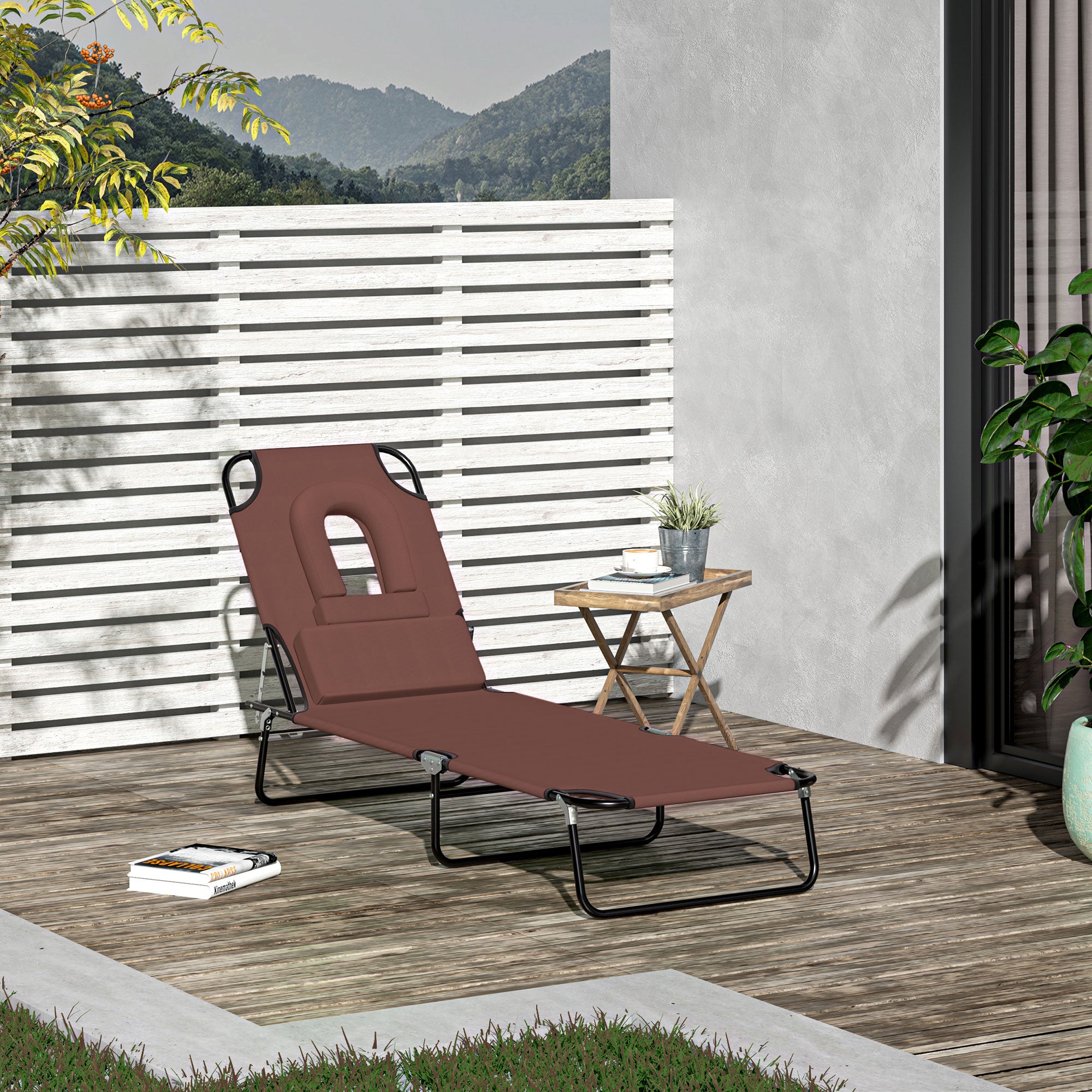 Outsunny Outdoor Foldable Sun Lounger, 4 Level Adjustable Backrest Reclining Sun Lounger Chair with Pillow and Reading Hole, Brown - North Peak Garden Furniture