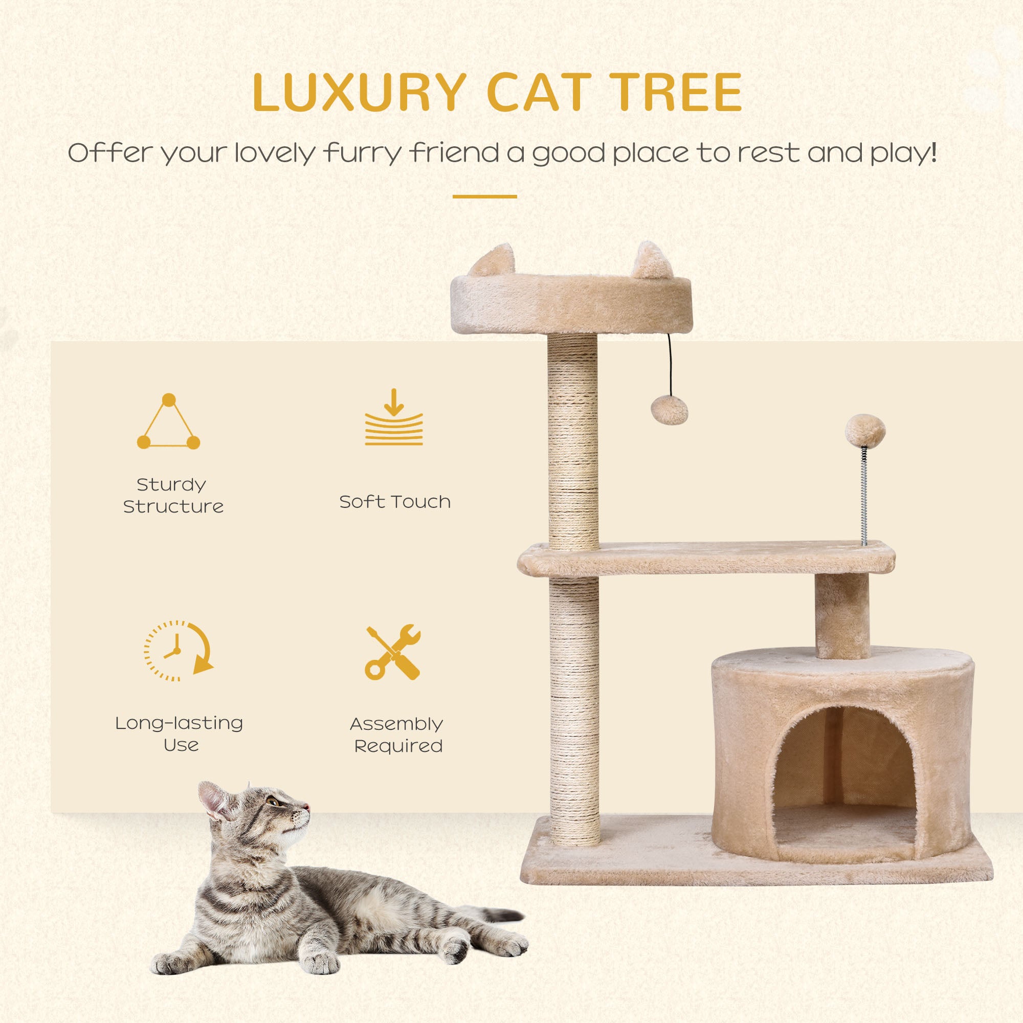 PawHut Multi Level Cat Tree for Indoor Cats with Scratching Post Bed Condo Perch, Kitten Climbing Tower, Beige 60L x 40W x 81H cm - North Peak Garden Furniture