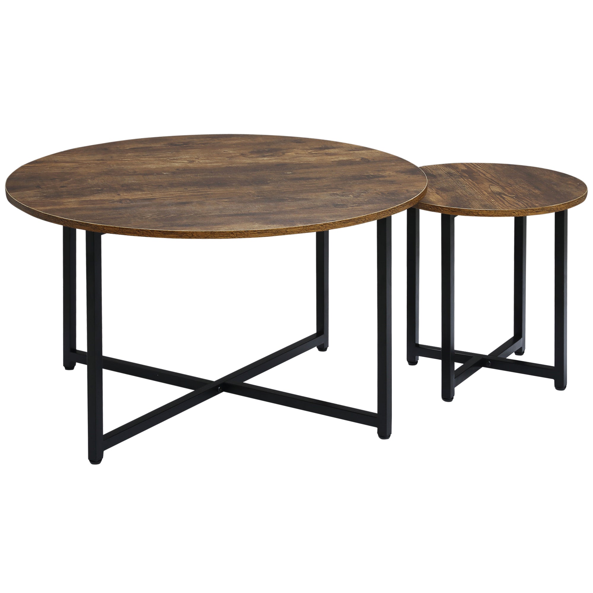 HOMCOM Round Coffee Table, Set of 2 Side Table with Metal Frame, Industrial End Table for Living Room Bedroom, Rustic Brown - North Peak Garden Furniture