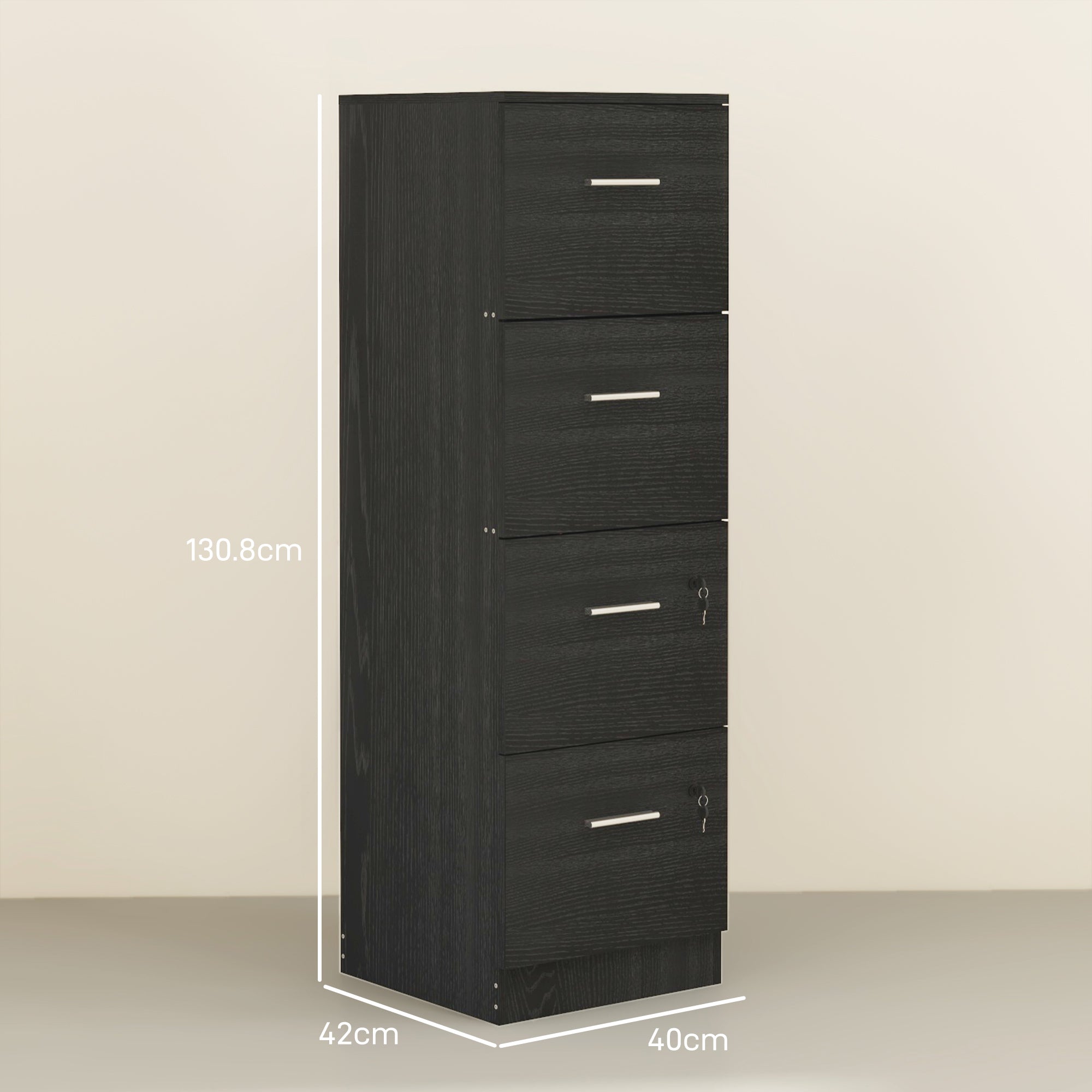 HOMCOM Four-Drawer Lockable Filing Cabinet - Black Wood Effect - North Peak Garden Furniture
