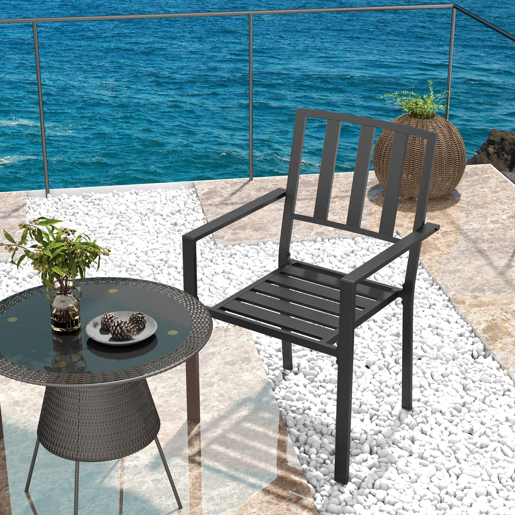 Outsunny Set of Two Minimal Metal Garden Chairs - Black