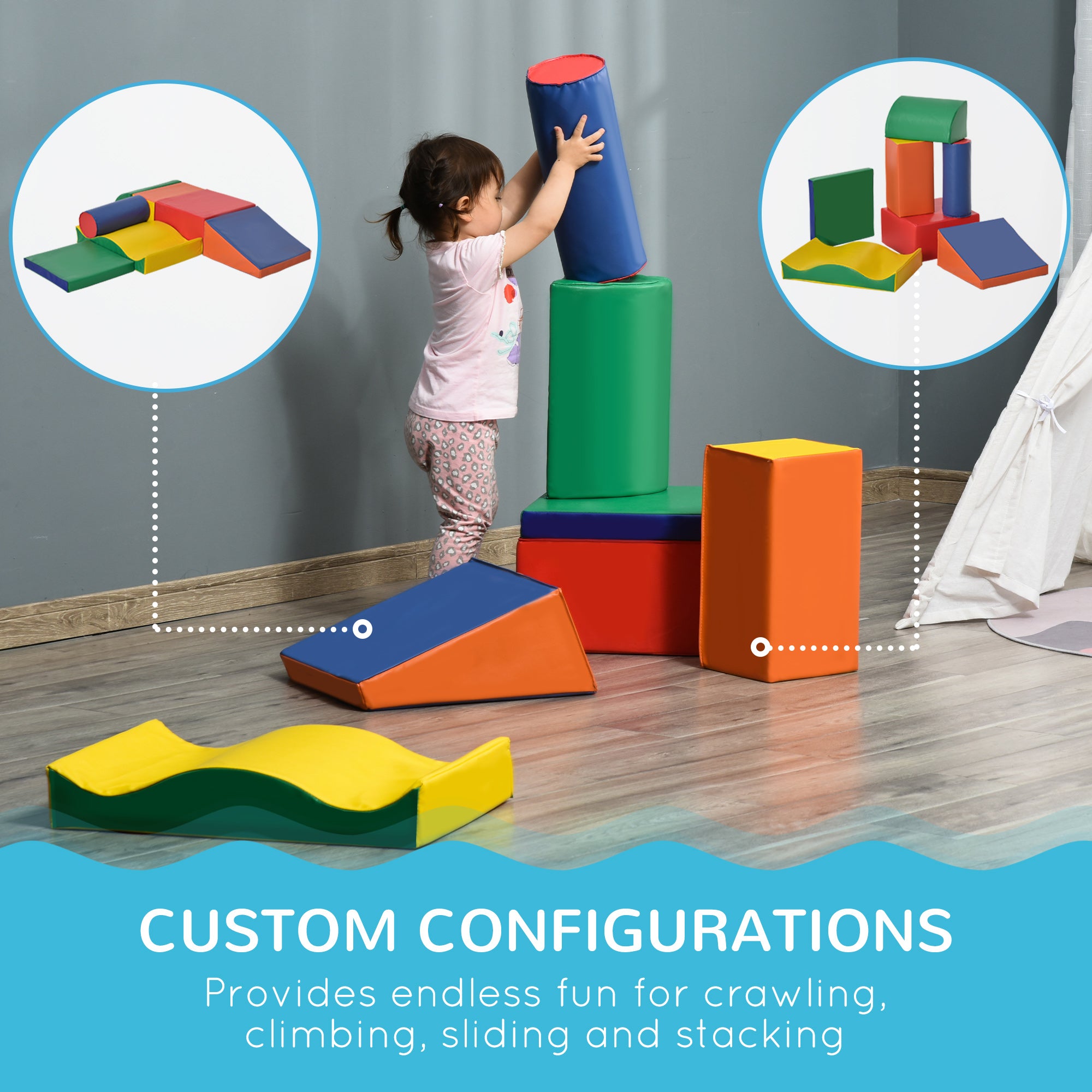 HOMCOM Soft Play Set, 7 Piece Soft Foam Blocks, Toddler Climb and Crawl Activity Play Set for 1-3 Years, Soft Play Equipment for Building and Stacking, Educational Play, Red