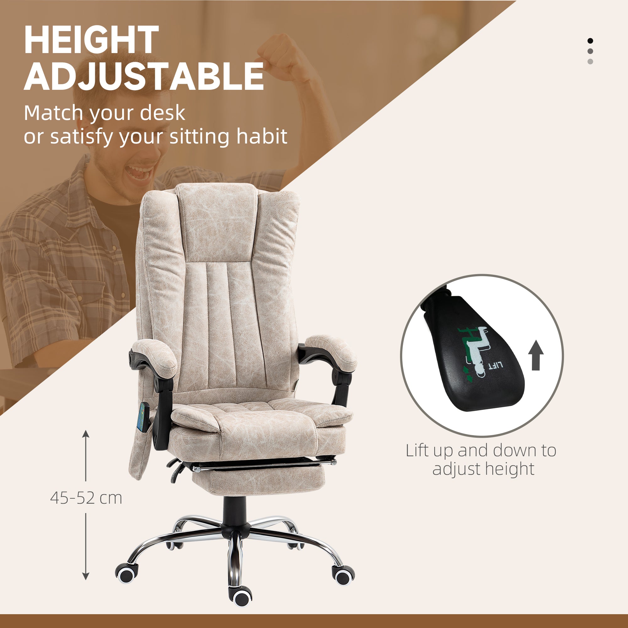 Vinsetto Vibrating Massage Office Chair with Heat, Desk Chair with Height Adjustable and Footrest, Cream White - North Peak Garden Furniture