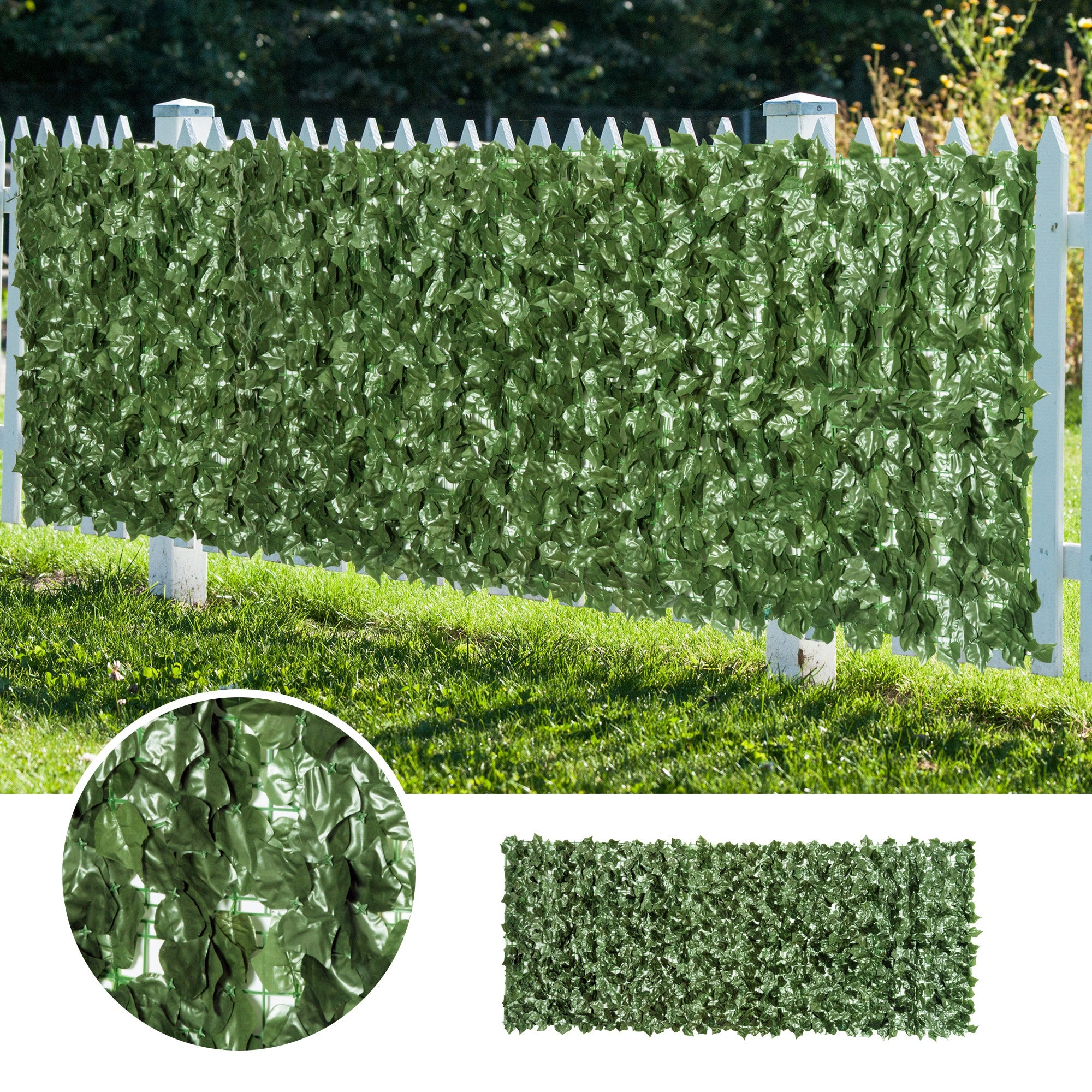 Outsunny 2-Piece Artificial Leaf Hedge Screen Privacy Fence Panel for Garden Outdoor Indoor Decor, Dark Green, 2.4M x 1M - North Peak Garden Furniture