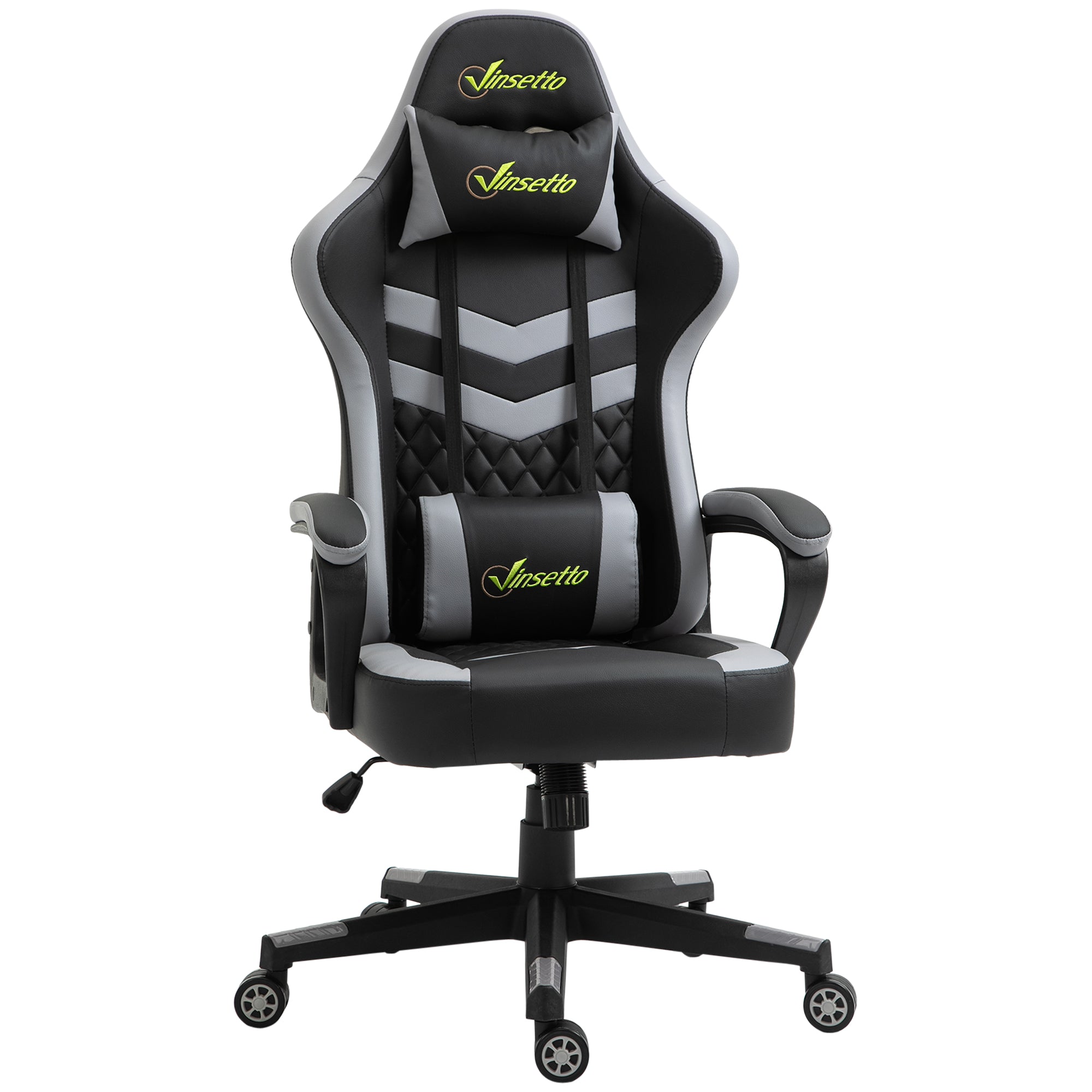 Vinsetto Gaming Chair, Computer Desk Chair with Lumbar Support, Faux Leather Racing Chair with Headrest and Swivel Wheels for Home Office, Black Grey - North Peak Garden Furniture