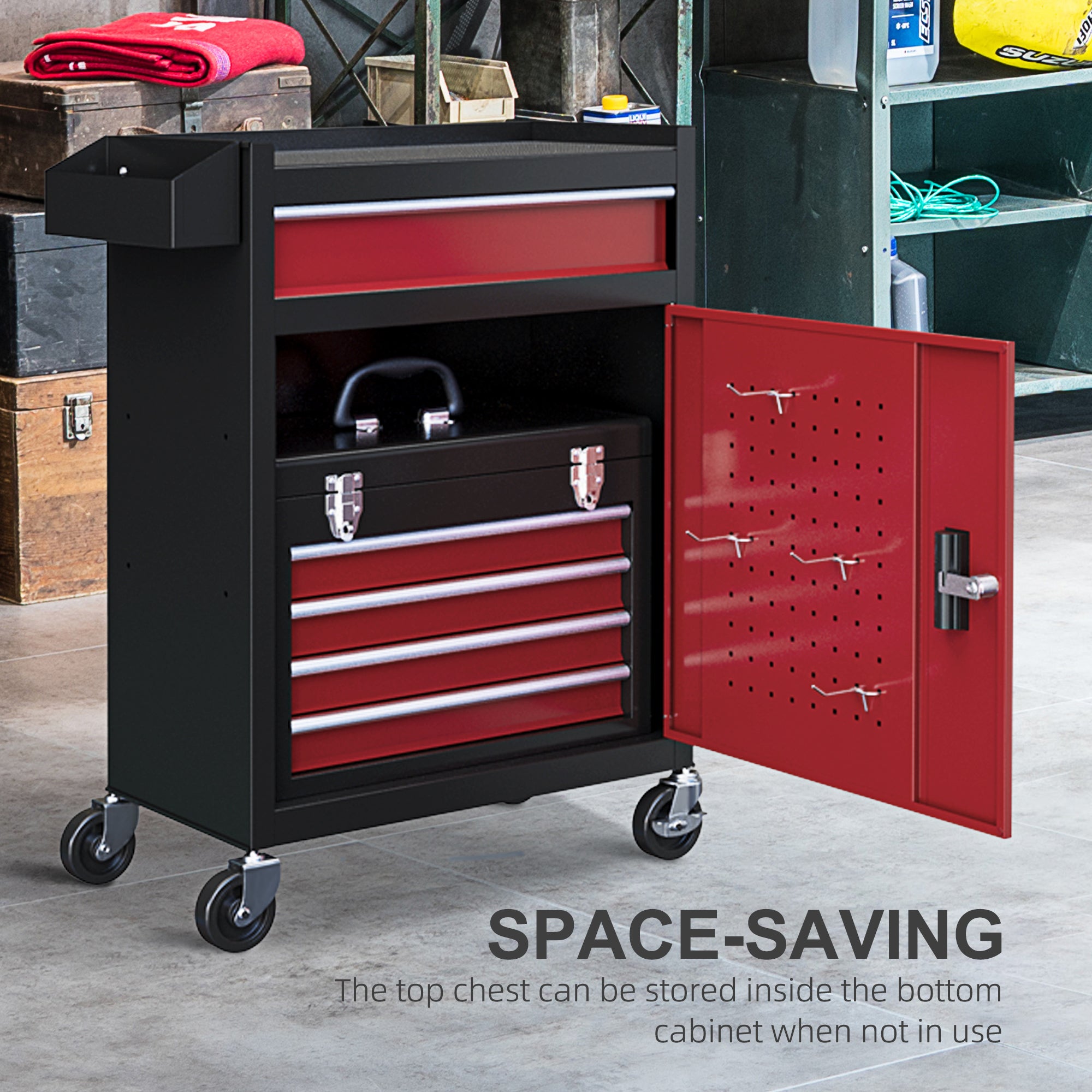 HOMCOM Two-Part Tool Storage Chest on Wheels - Black/Red - North Peak Garden Furniture