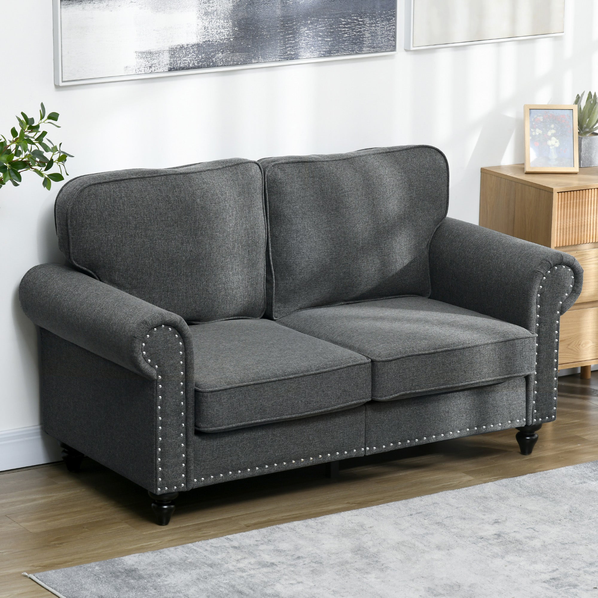 HOMCOM Two-Seater Mid-Century Sofa, with Pocket Springs - Charcoal Grey - North Peak Garden Furniture