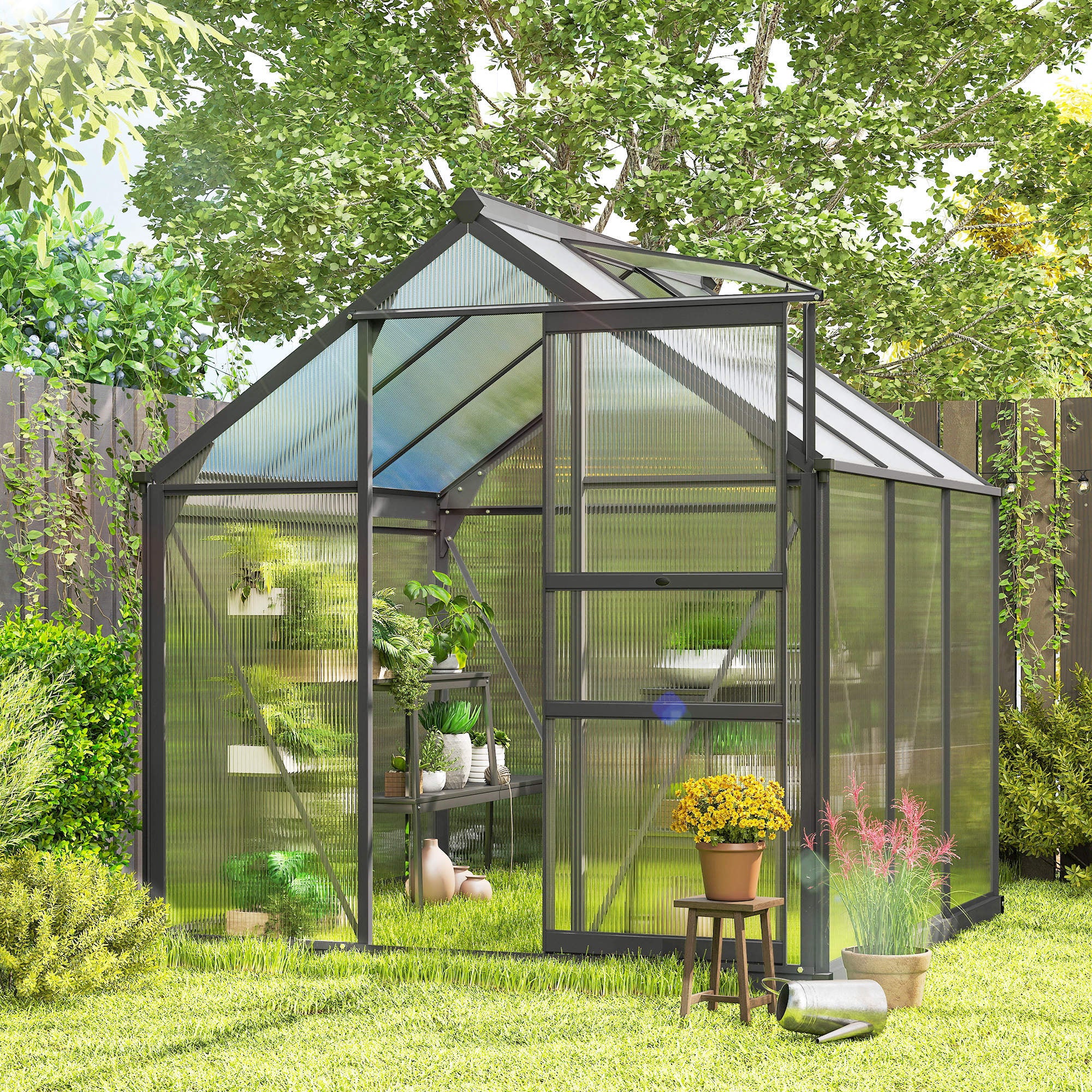 Outsunny 6 x 6ft Polycarbonate Greenhouse, Large Walk-In Green House with Slide Door and Window, Garden Plants Grow House with Aluminium Frame and Foundation, Grey