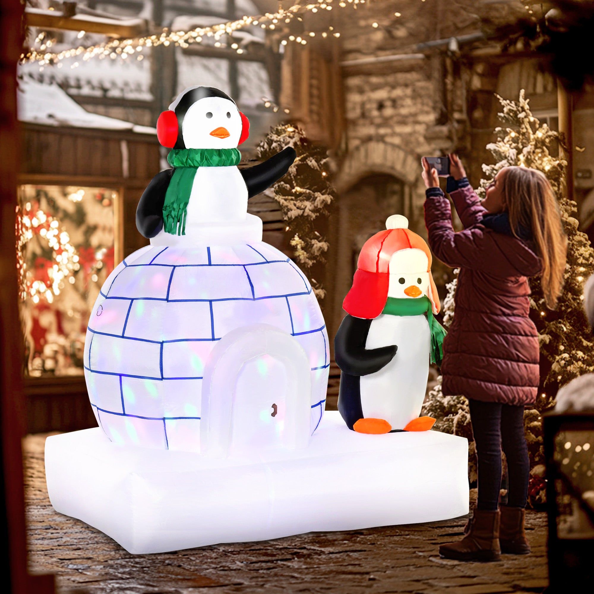 HOMCOM 5ft Christmas Inflatable Two Penguins Wearing a Scarf with Ice House Blow Up Decor Home Indoors with Built-in LED Lights Outdoor Toys in Lawn Garden - North Peak Garden Furniture