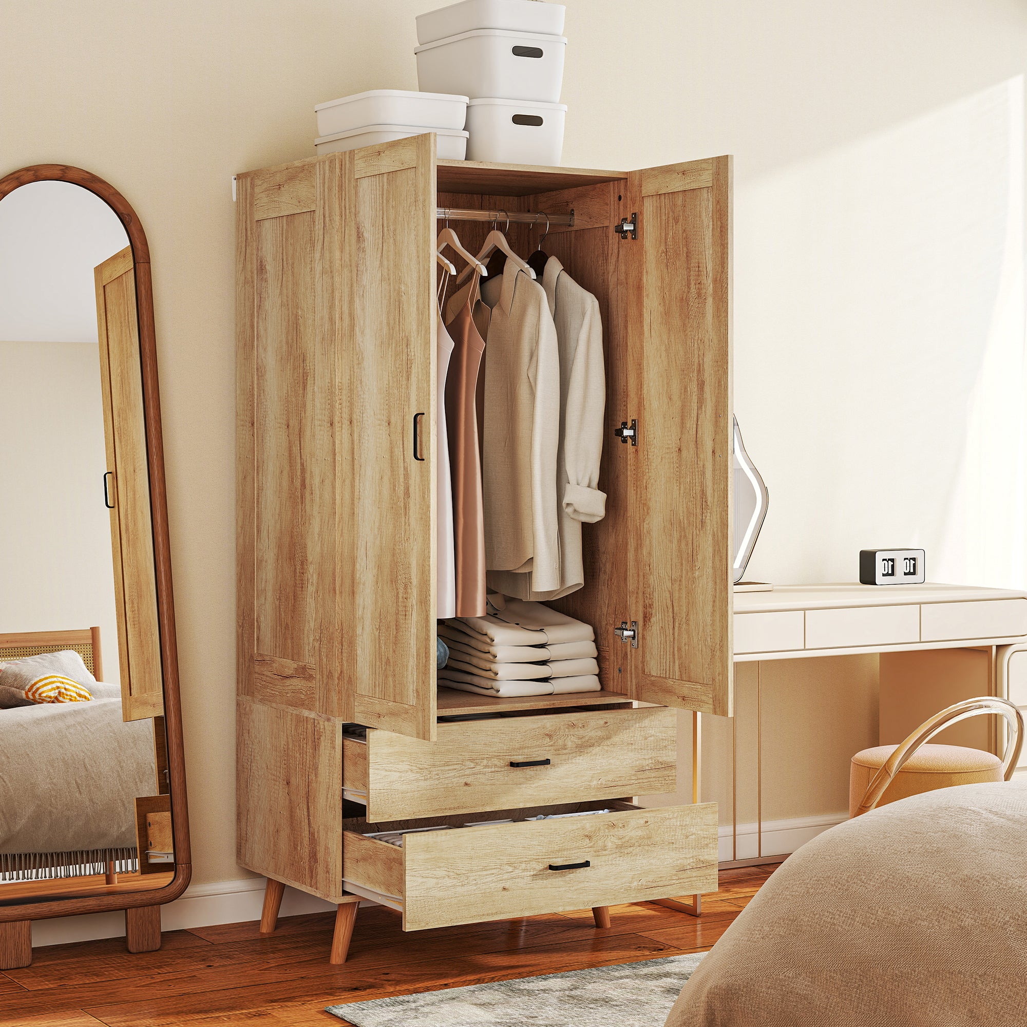 HOMCOM 2 Door Wardrobe, Modern Wardrobe with 2 Drawer and Hanging Rail for Bedroom, Natural - North Peak Garden Furniture