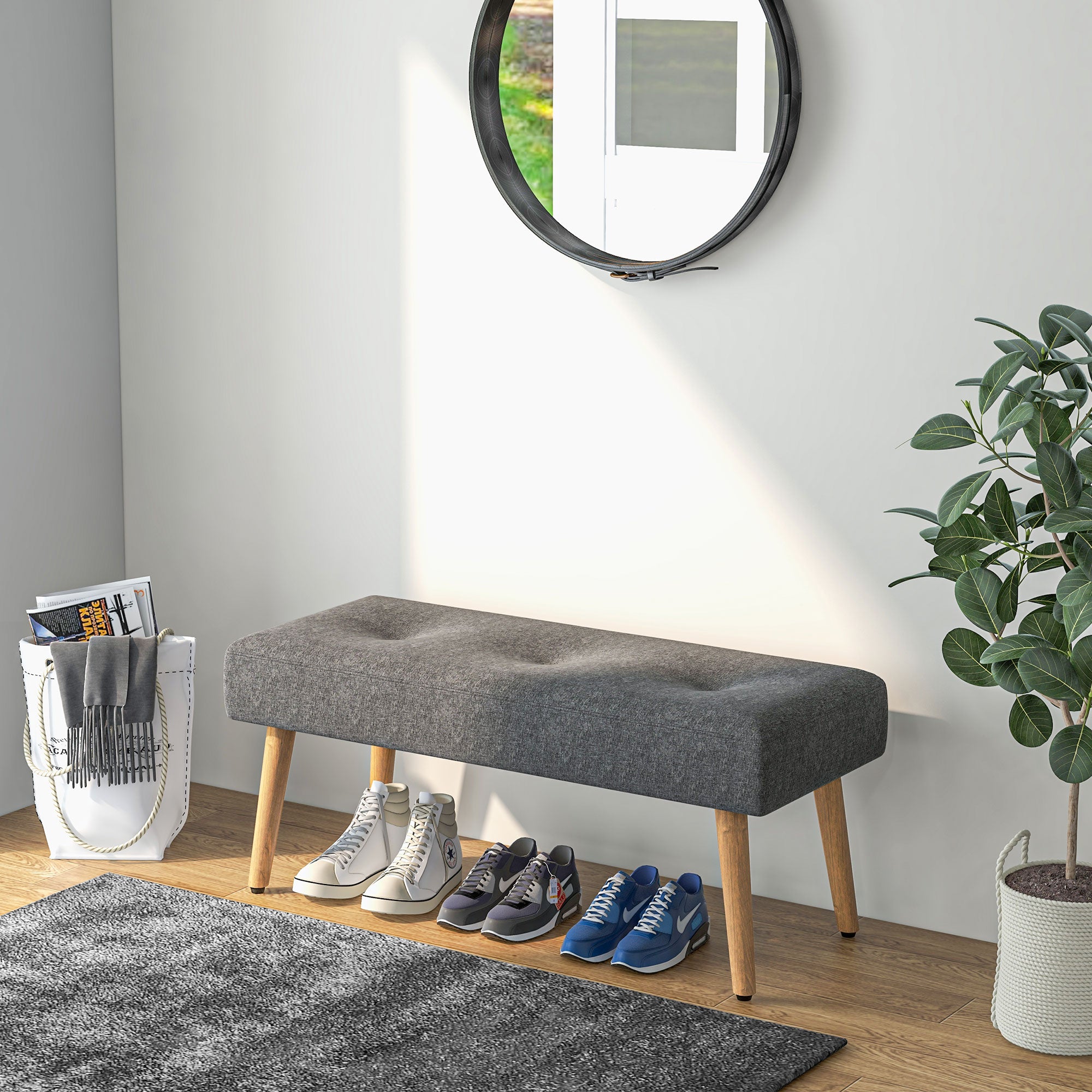 HOMCOM Multifunctional Bed End Bench Tufted Upholstered Shoe Bench Ottoman Footstool Linen Fabric for Entryway Living Room Grey - North Peak Garden Furniture