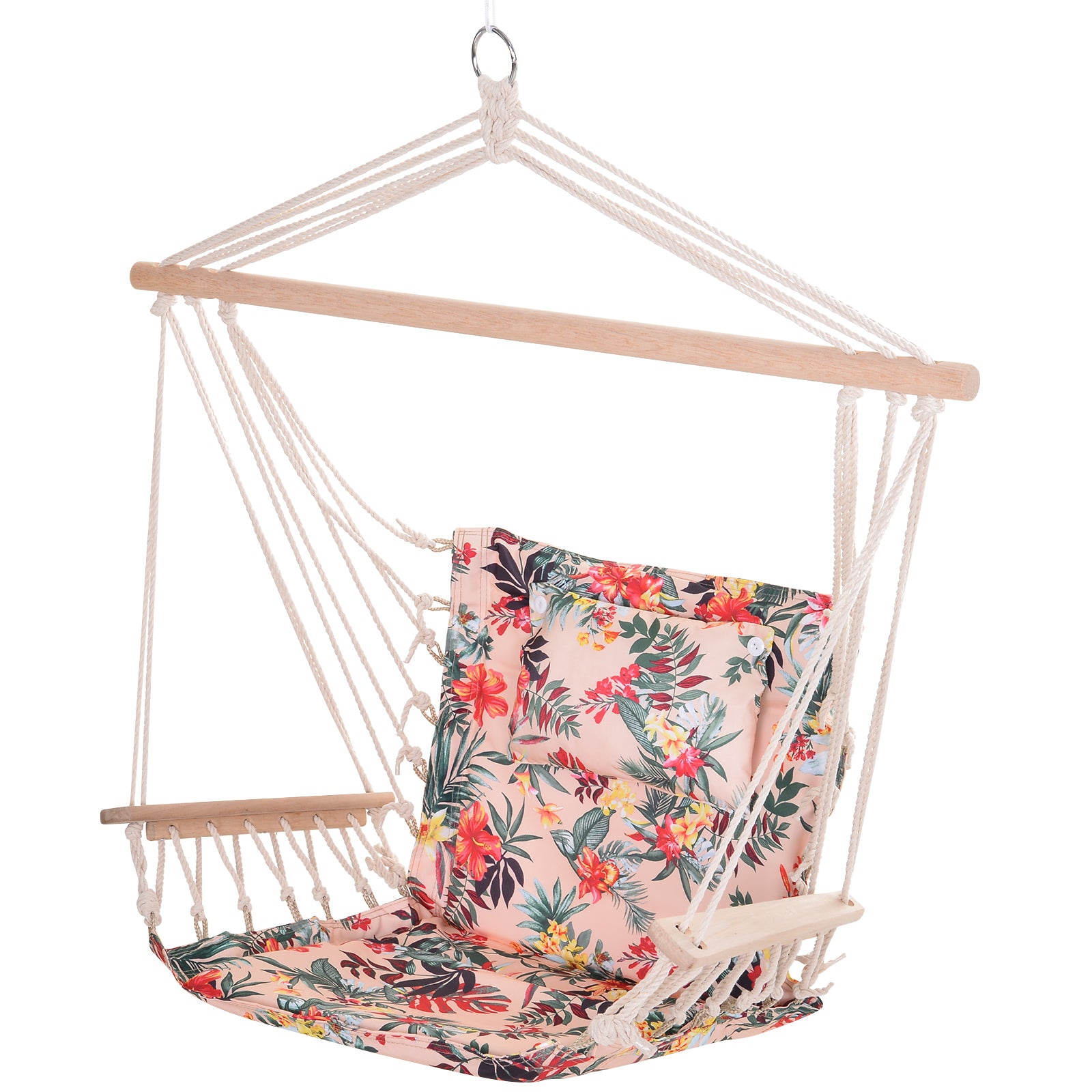 Outsunny Garden Outdoor Hanging Hammock Chair Thick Rope Frame Wooden Arms Safe Wide Seat Garden Outdoor Spot Stylish Multicoloured floral - North Peak Garden Furniture