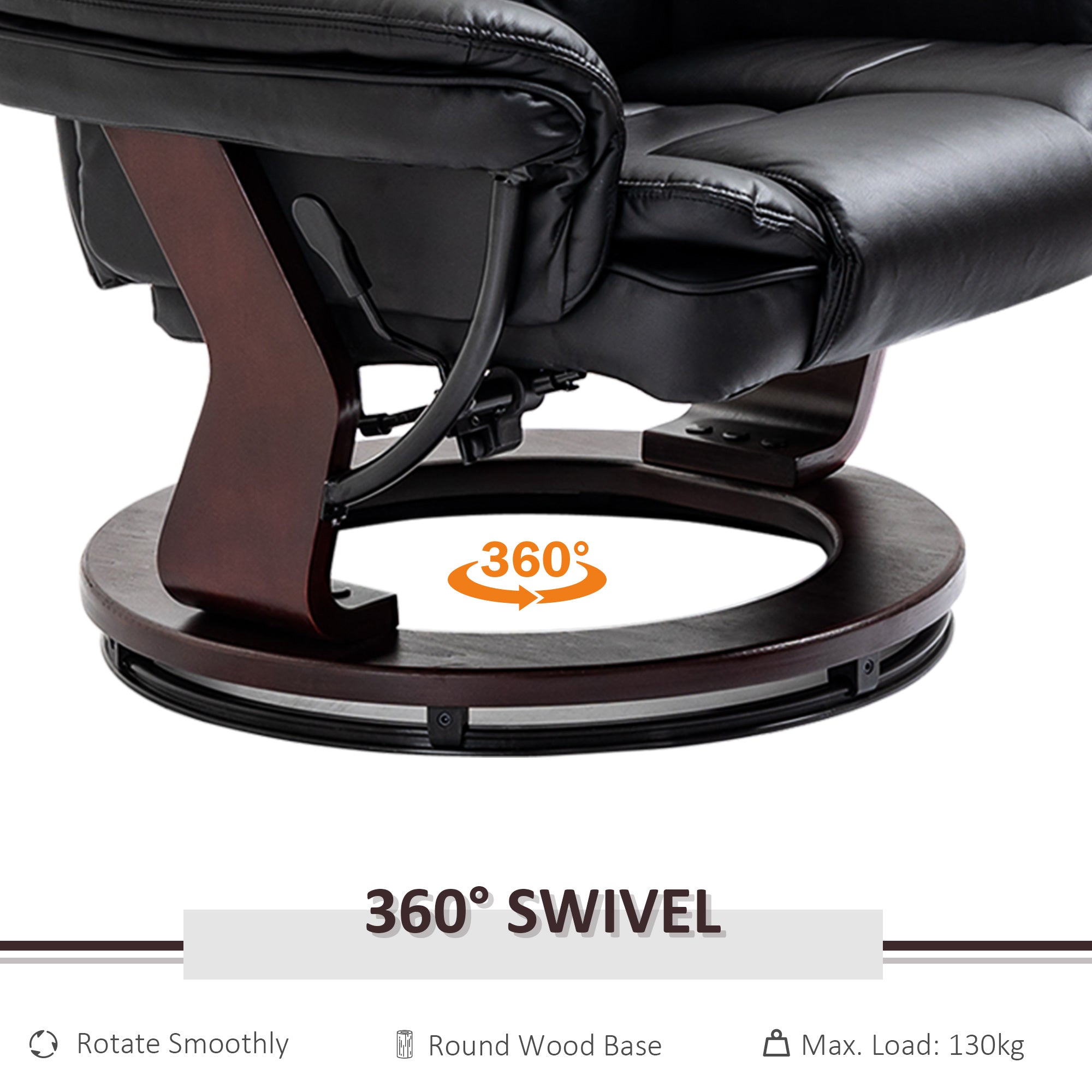 HOMCOM Manual Recliner and Footrest Set PU Leather Leisure Lounge Chair Armchair with Swivel Wood Base, Black - North Peak Garden Furniture