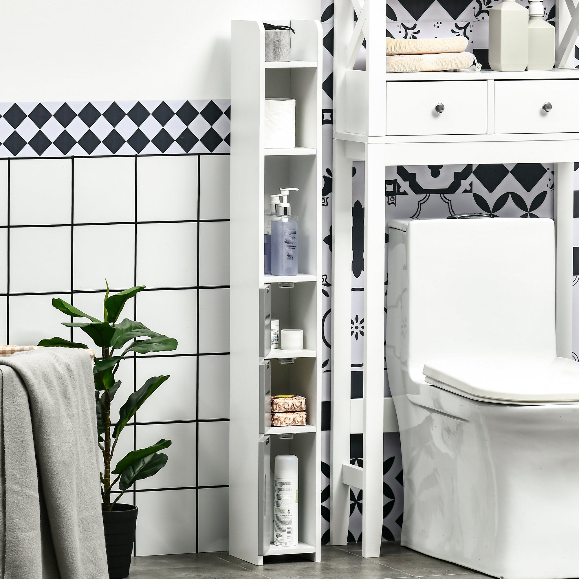 kleankin Modern Bathroom Storage Cabinet, Freestanding Tall Bathroom Cabinet with Open Shelves and 3 Cupboards with Door, for Bedroom Hallway, Grey - North Peak Garden Furniture