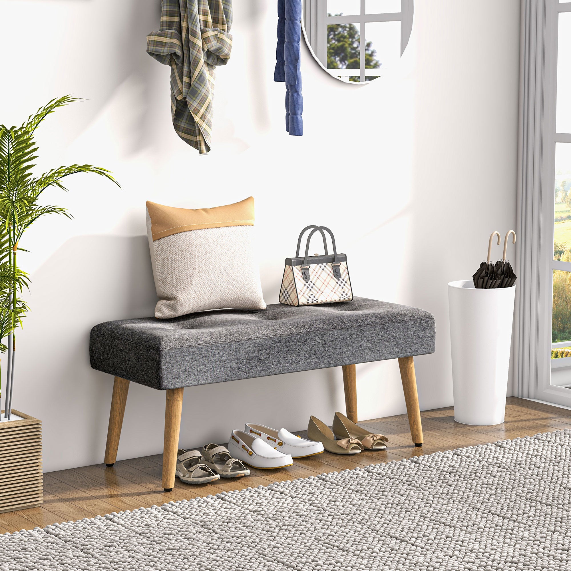 HOMCOM Multifunctional Bed End Bench Tufted Upholstered Shoe Bench Ottoman Footstool Linen Fabric for Entryway Living Room Grey - North Peak Garden Furniture