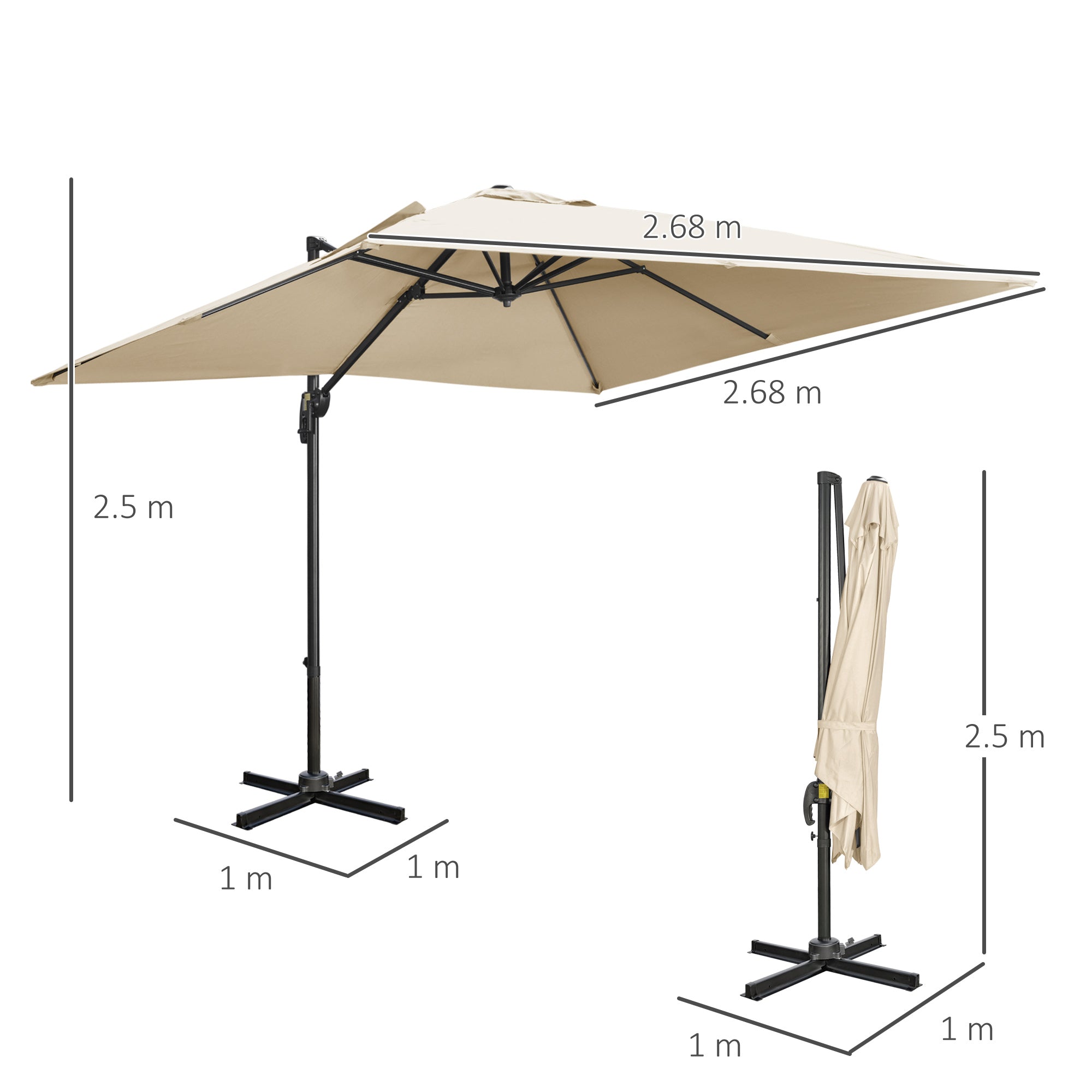 Outsunny 2.7 x 2.7 m Cantilever Parasol, Square Overhanging Umbrella with Cross Base, Crank Handle, Tilt, 360° Rotation and Aluminium Frame, Cream White