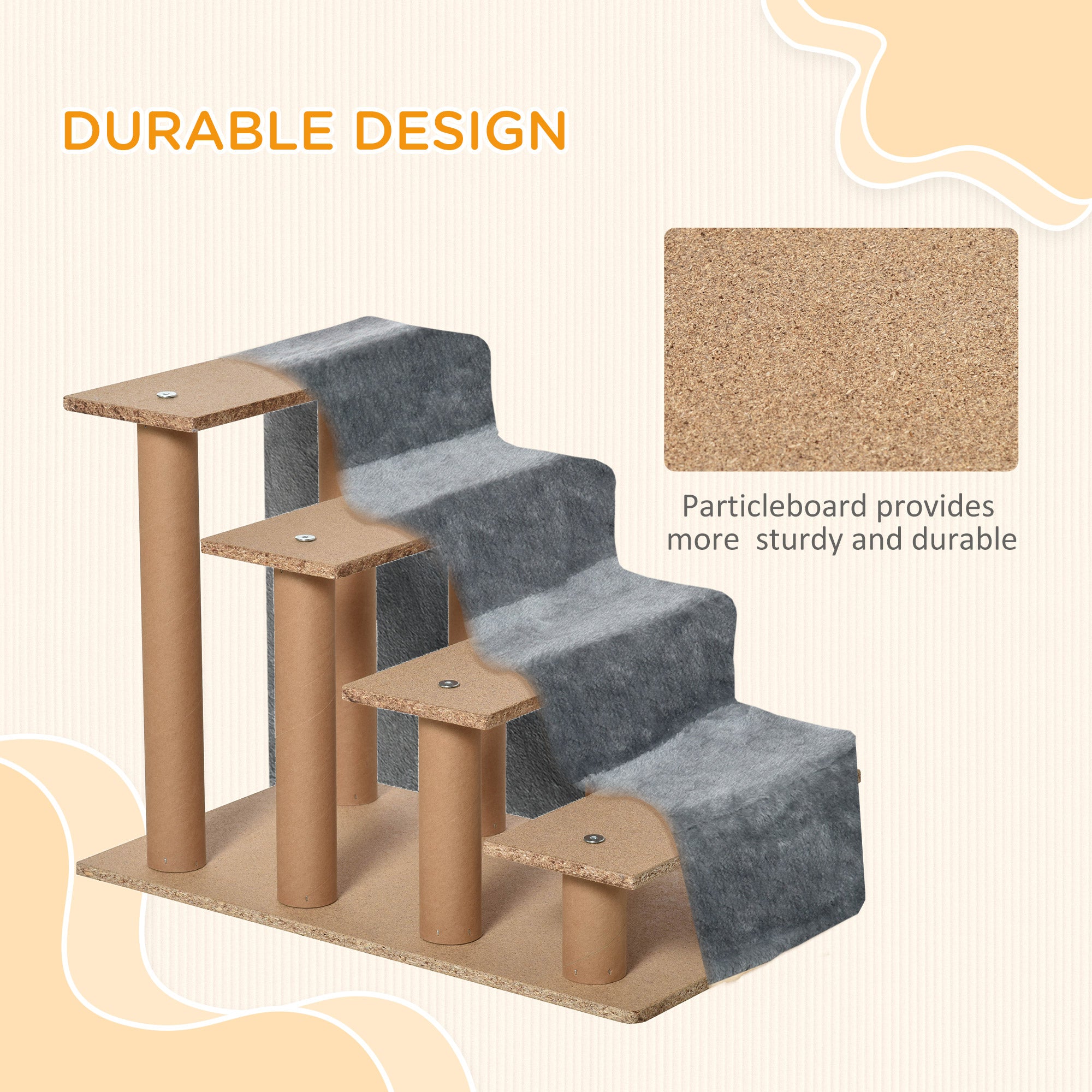 PawHut Four-Step Dog Stairs, with Washable Plush Cover, for High Bed Sofa, Dog Stairs for Small Dog and Cat - Light Grey - North Peak Garden Furniture