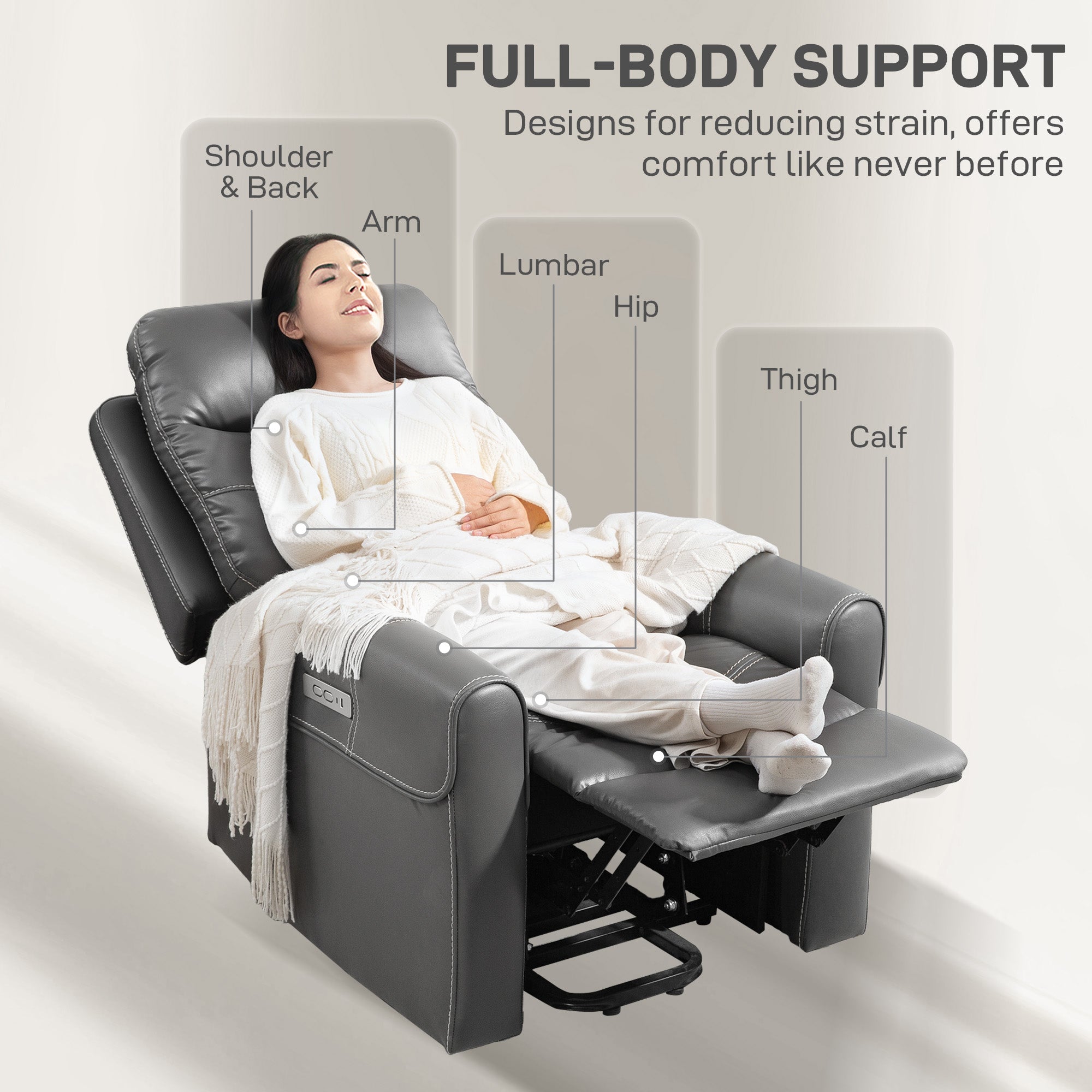 HOMCOM Power Lift Recliner Chair for Elderly, Overstuffed Faux Leather Riser and Reclining Chair with USB A+C Ports, Remote Control, Recliner Armchair for Living Room, Charcoal Grey - North Peak Garden Furniture
