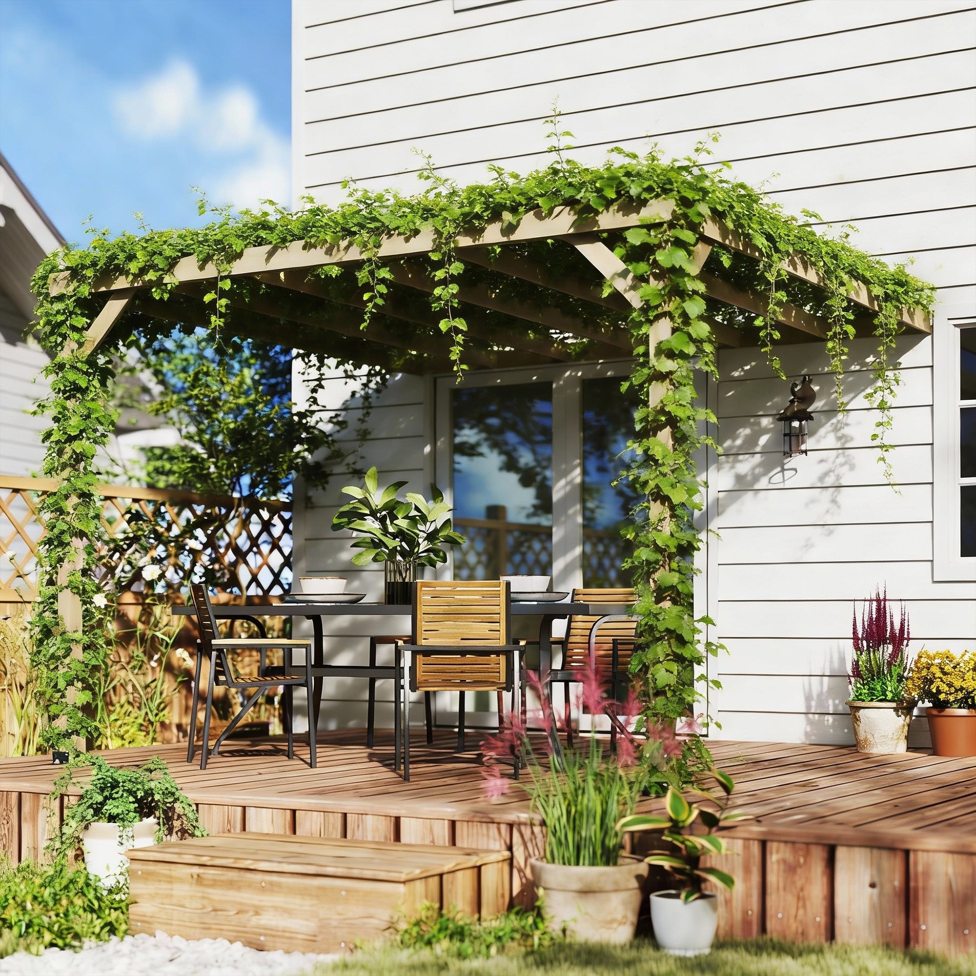 Outsunny Lean-To Wooden Pergola Kit, Decorative Garden Gazebo with Stable Structure and Concrete Anchors, 3 x 3 m, Light Brown