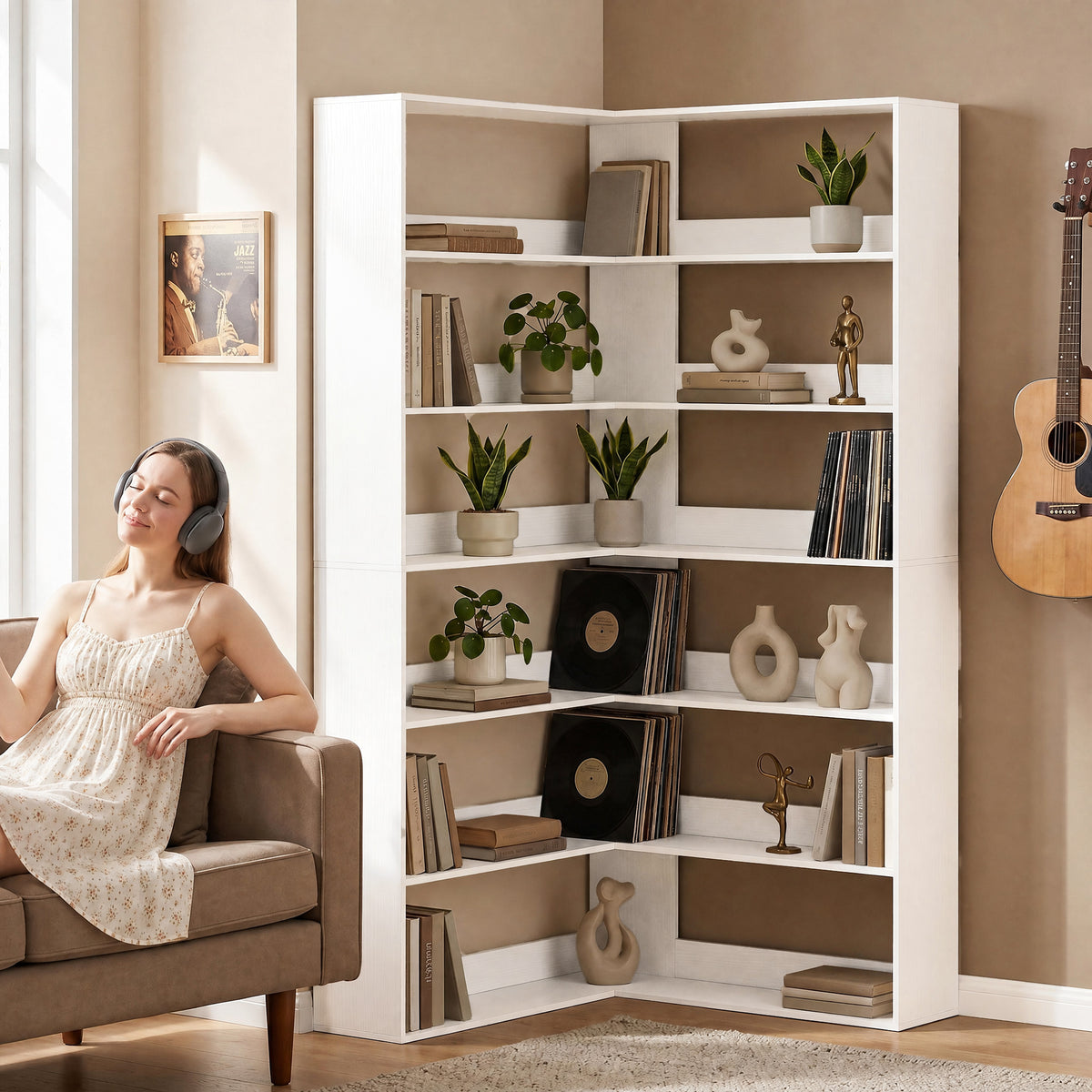 HOMCOM 7 Tiers Bookshelf, L-Shaped Corner Bookcase with Anti-Slip Rear Guard, White Wood Effect