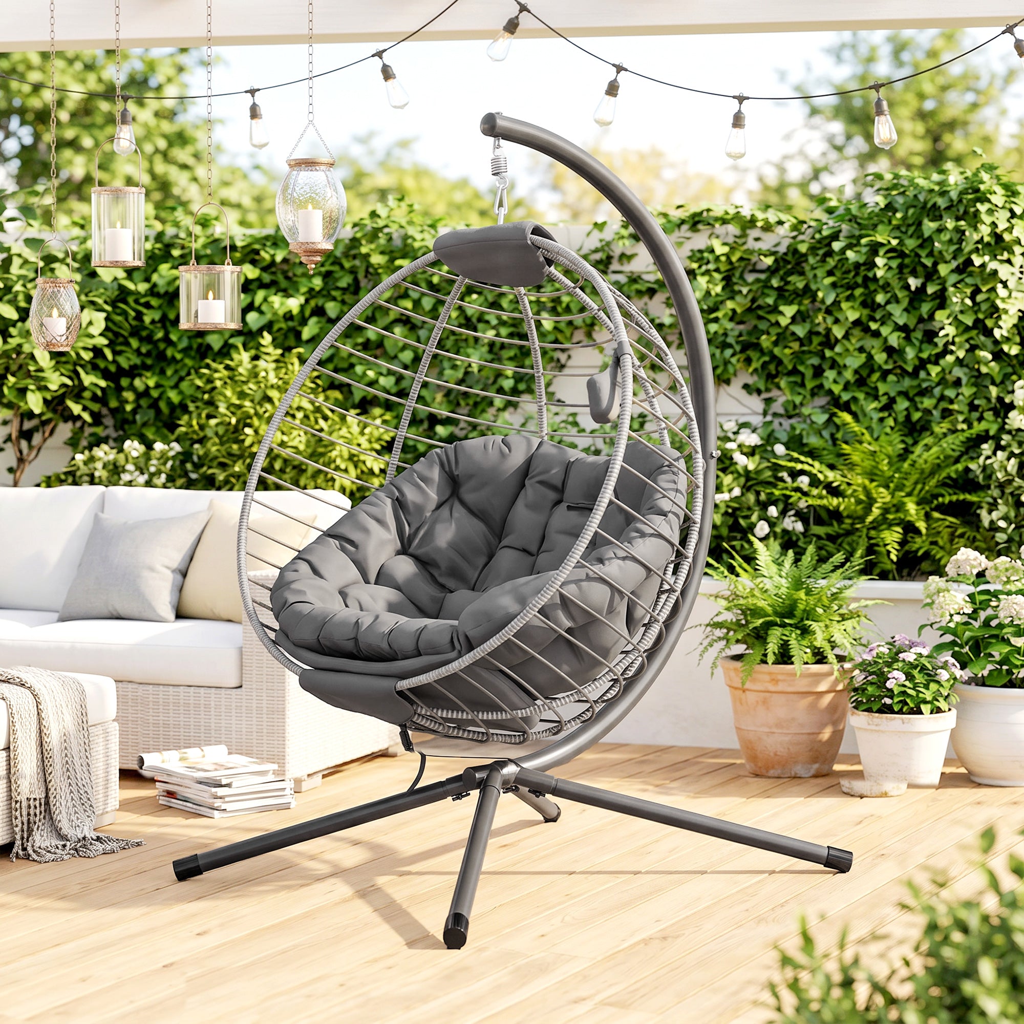 Outsunny PE Rattan Swing Chair, Outdoor Hanging Chair with Metal Stand, Thick Padded Cushion, Foldable Basket and Cup Holder, for Indoor and Outdoor, Grey