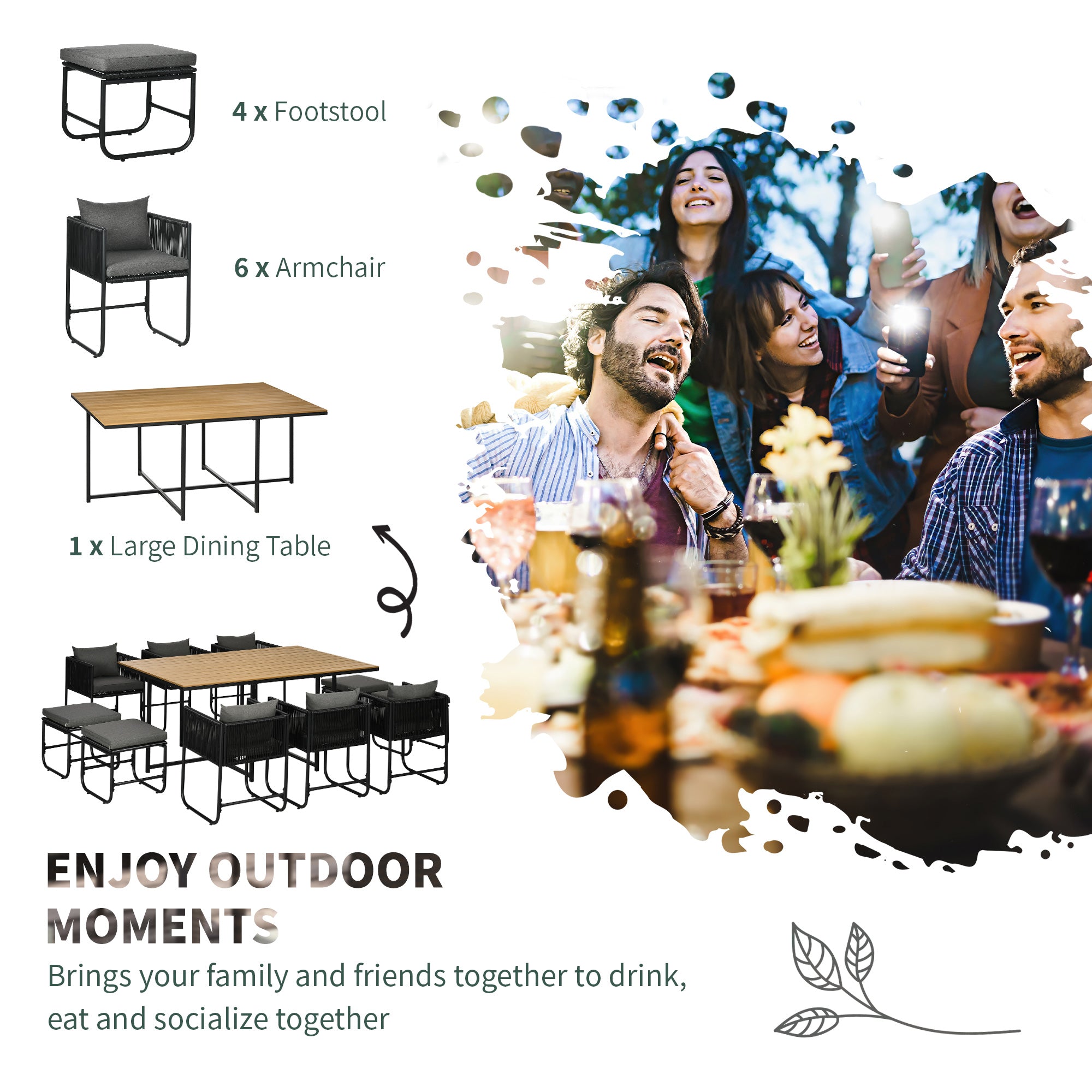 Outsunny 10 Seater Rattan Cube Garden Furniture Set, Rattan Dining Set with Cushions, Outdoor Dining Table and Chairs with 6 Armchairs, 4 Stools, Rectangular Wood Grain Plastic Top Table, Black - North Peak Garden Furniture