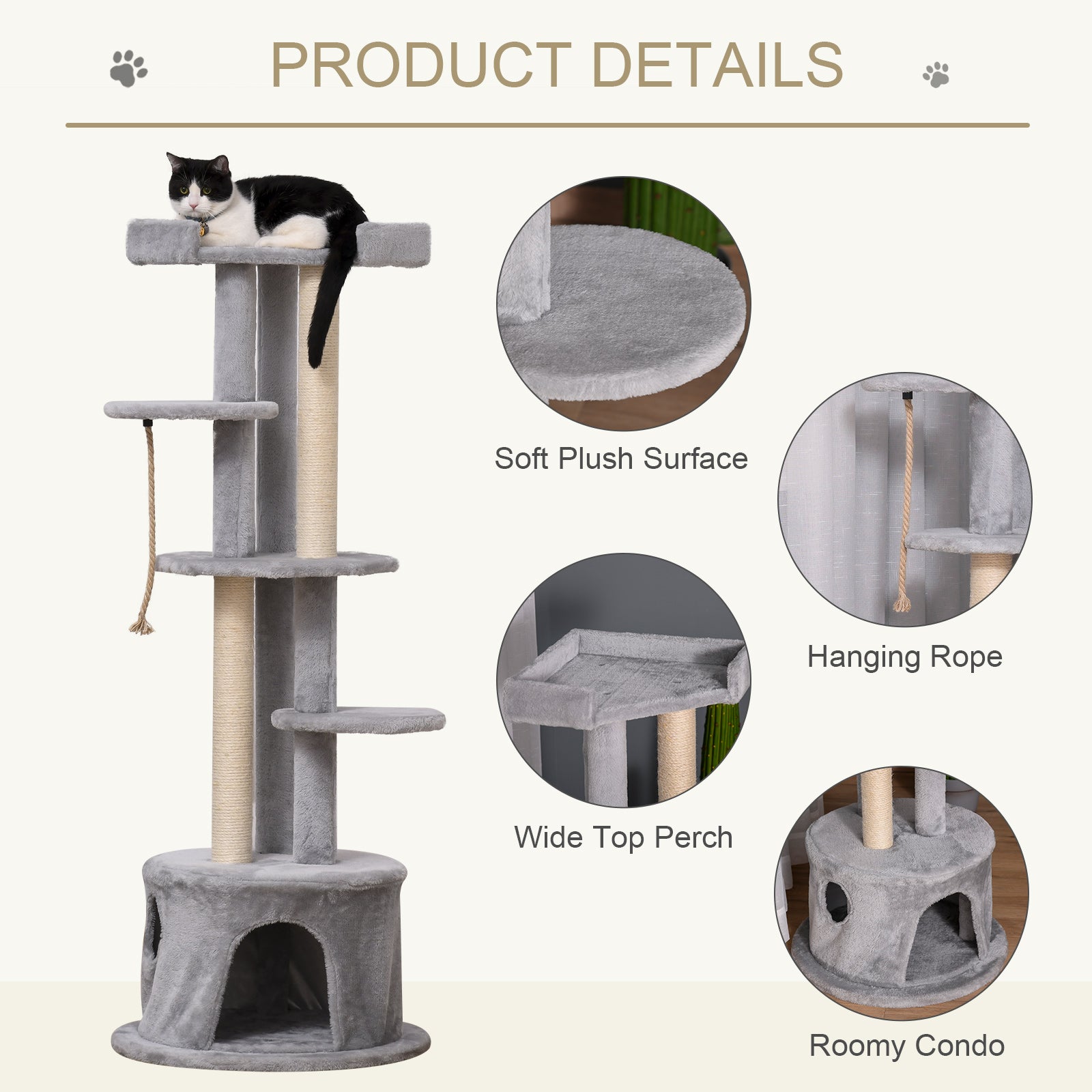 PawHut Cat Tree for Indoor Cats Kitten Tower Multi-level Activity Centre Pet Furniture with Scratching Post Condo Hanging Ropes Plush Perches Grey - North Peak Garden Furniture