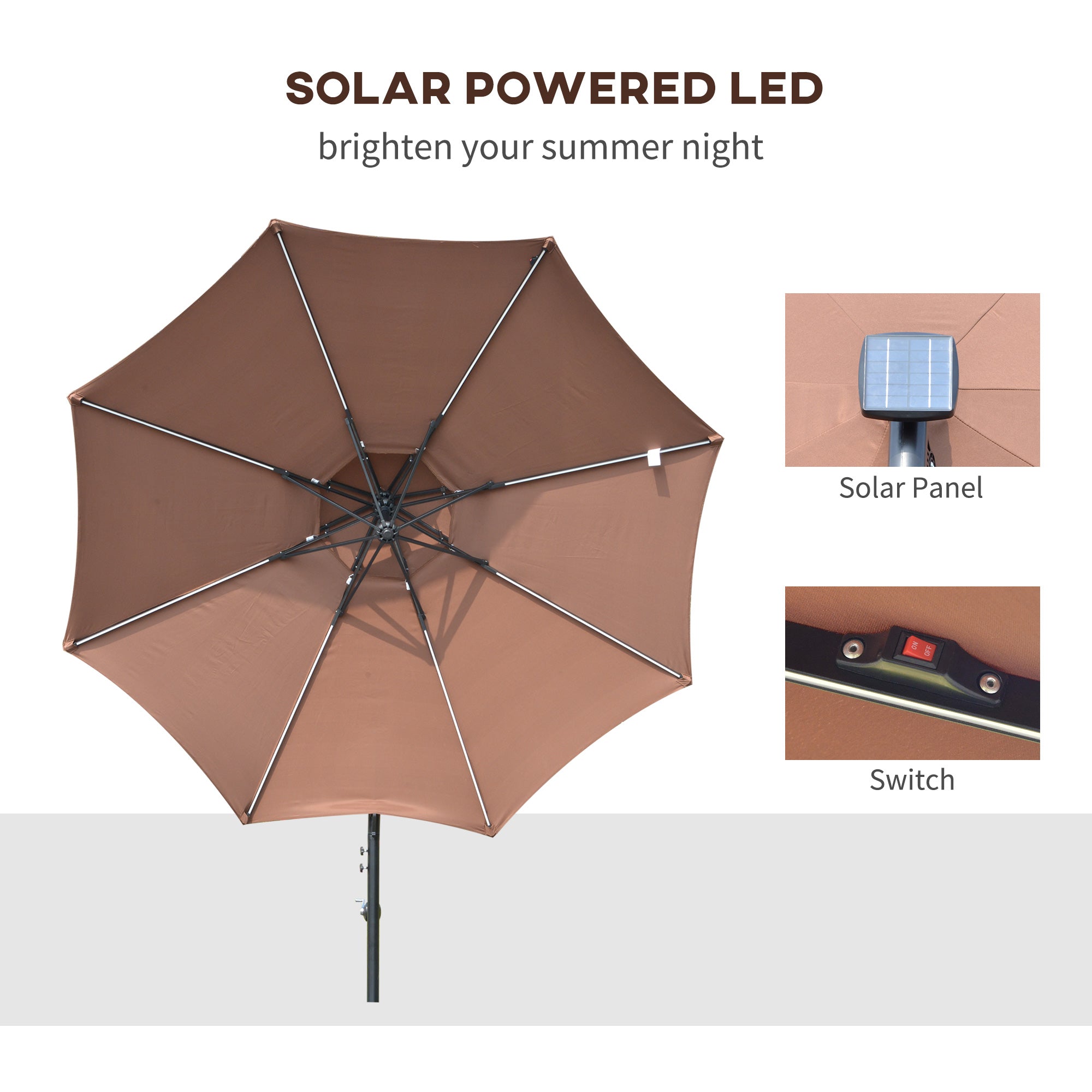 Outsunny 3(m) Cantilever Banana Parasol Hanging Umbrella with Double Roof, LED Solar lights, Crank, 8 Sturdy Ribs and Cross Base for Outdoor, Garden, Patio, Coffee - North Peak Garden Furniture