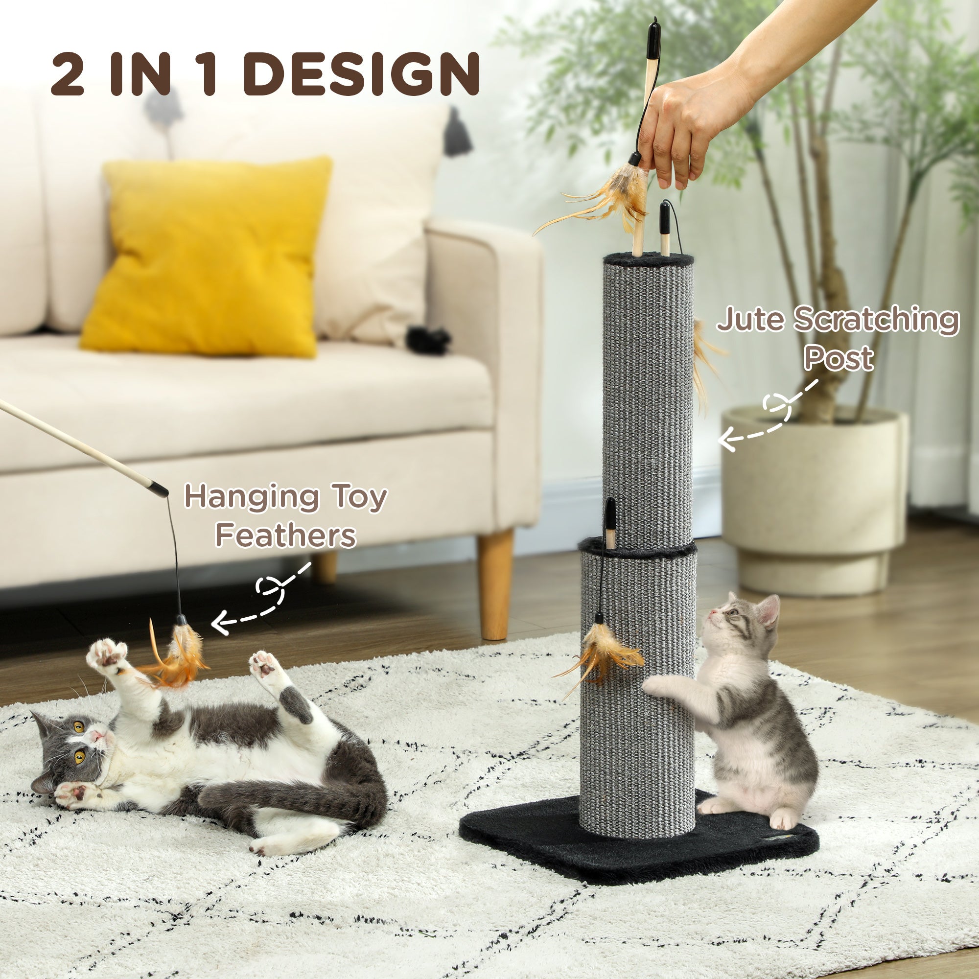PawHut 78cm Tall 2 in 1 Cat Scratching Post with 3 Toy Feathers, Black - North Peak Garden Furniture