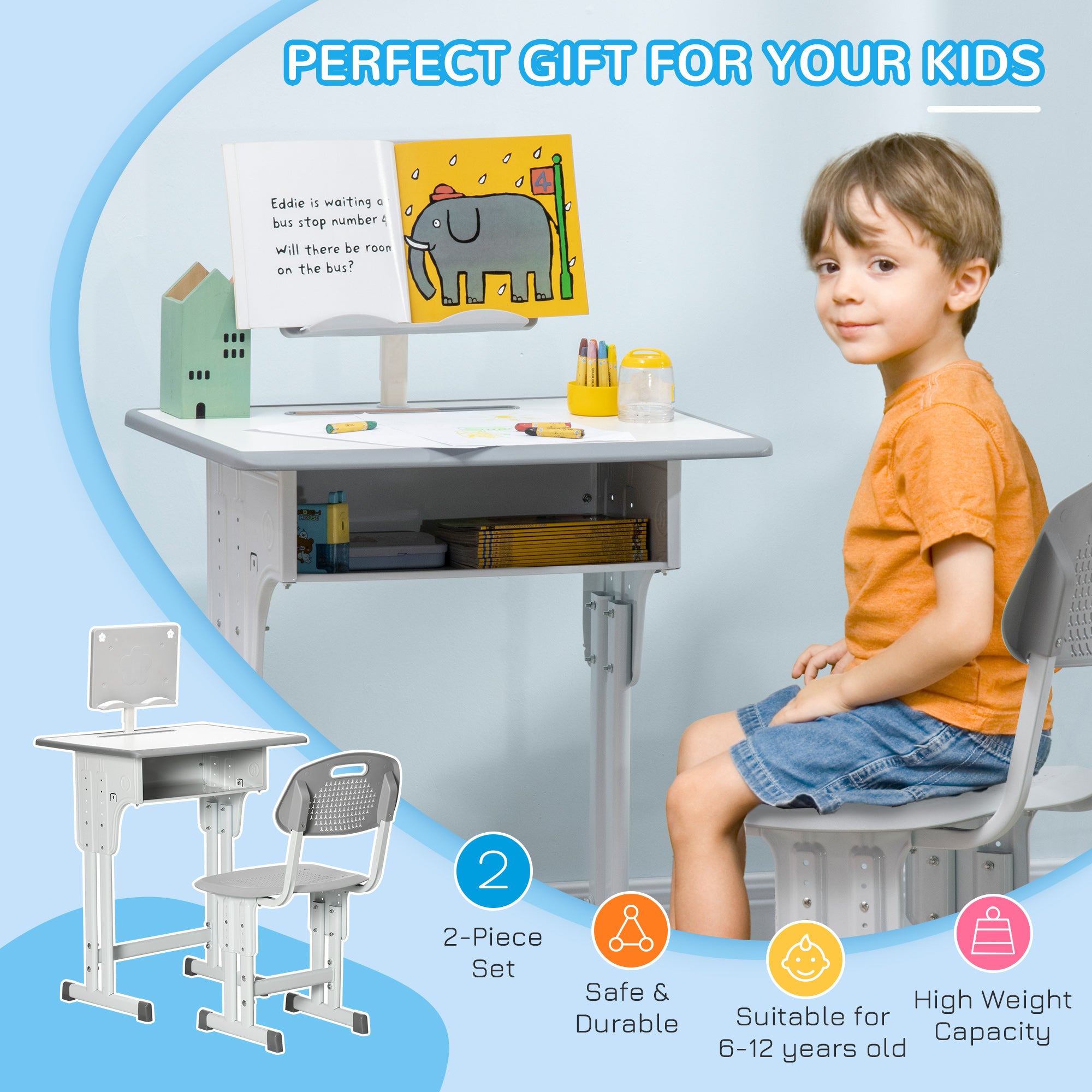 HOMCOM Kids Adjustable Desk and Chair Set, Book Stand, Pen Slot - Grey - North Peak Garden Furniture