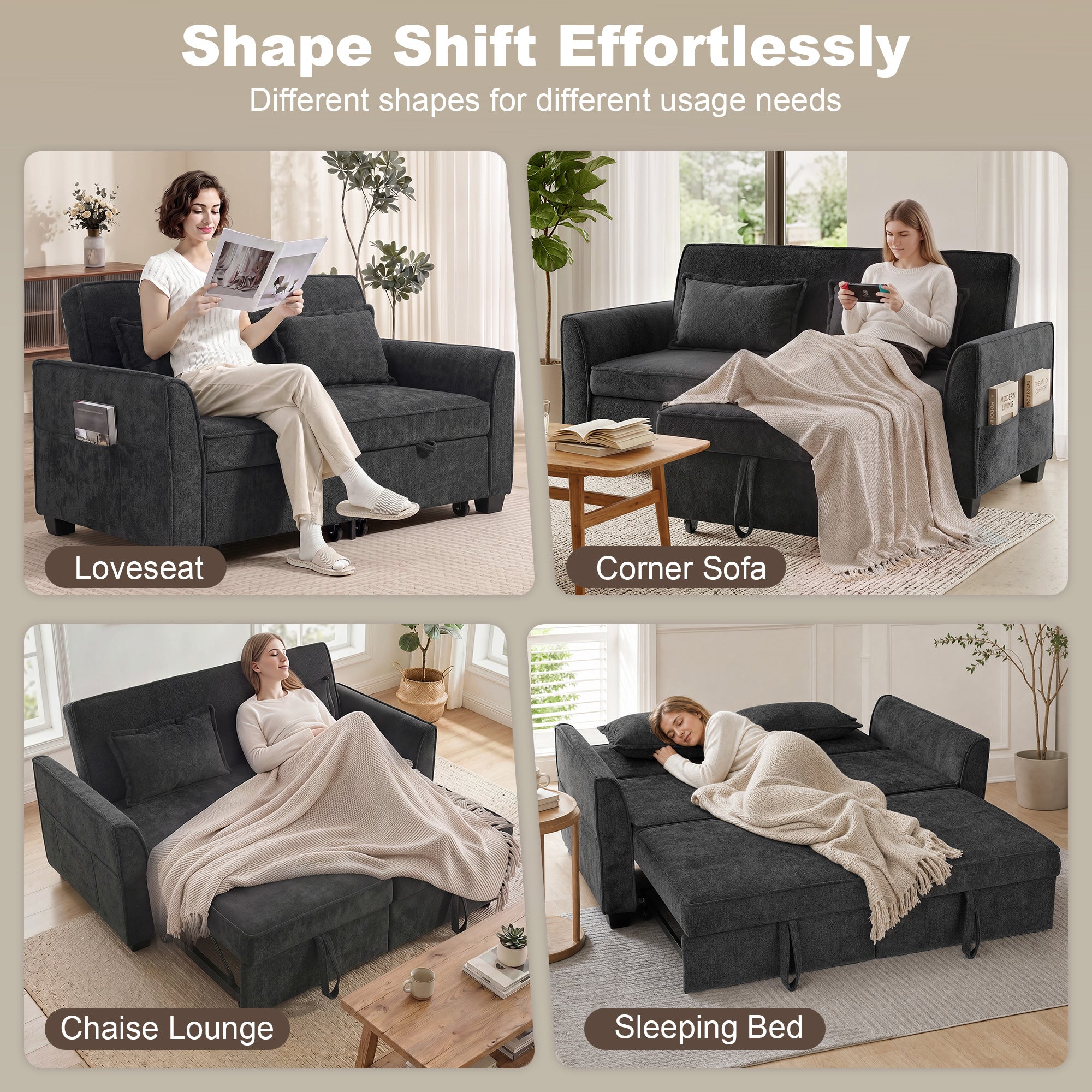 HOMCOM 2 Seater Sofa Bed, 4-in-1 L-Shaped Convertible Pull-Out Sleeper Sofa with Adjustable Backrest and Side Pockets, Black