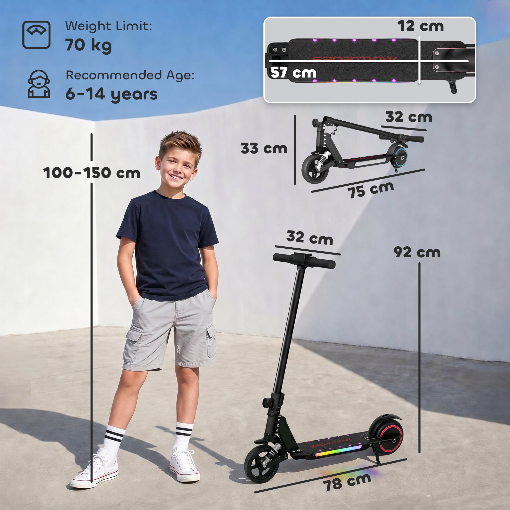 SPORTNOW Folding Electric Scooter for Kids Age 6-14 with Dual Brakes, Front Suspension, LED Colourful Lights and Display, 6.8kg Lightweight Aluminium E Scooter, Up to 14 KM/H & 6 KM, Black