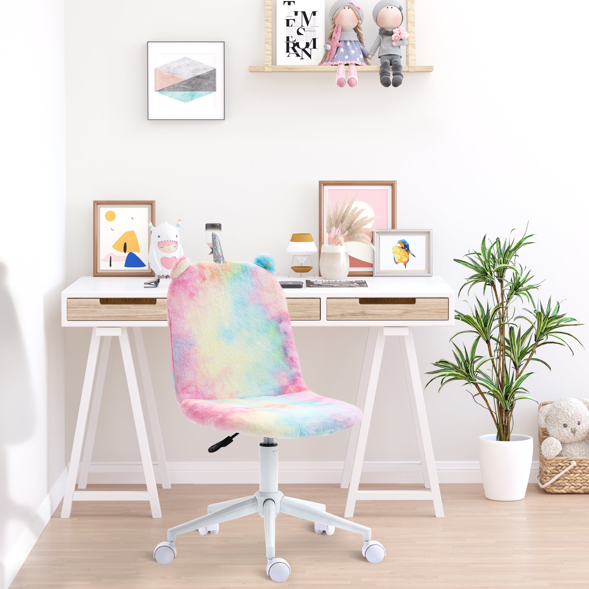 Vinsetto Fluffy Unicorn Office Chair with Mid-Back and Swivel Wheel, Cute Desk Chair, Rainbow Multi-Colored - North Peak Garden Furniture