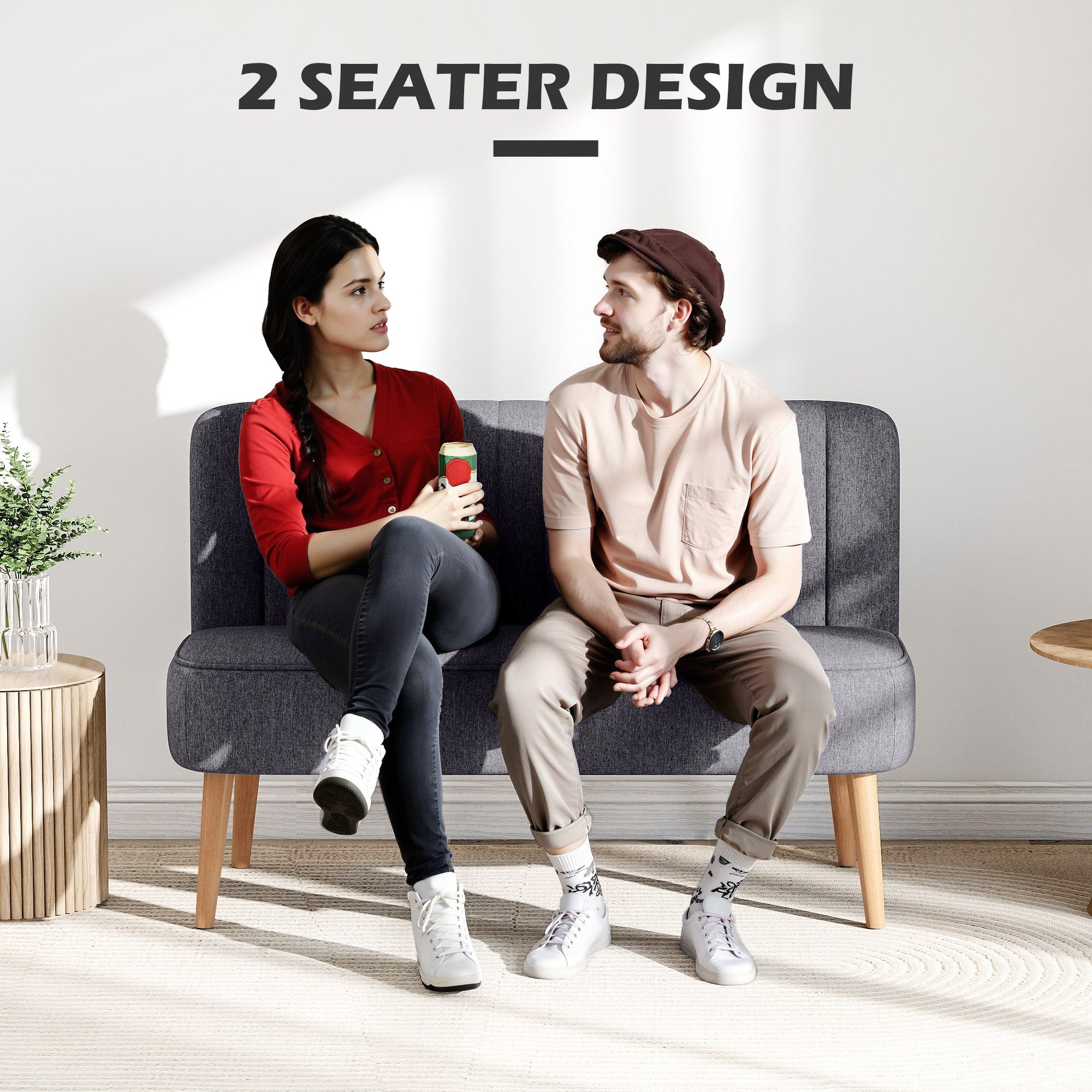 HOMCOM Modern Double Seat Sofa Loveseat Couch 2 Seater Compact Sofa Padded Linen Wood Leg Dark Grey